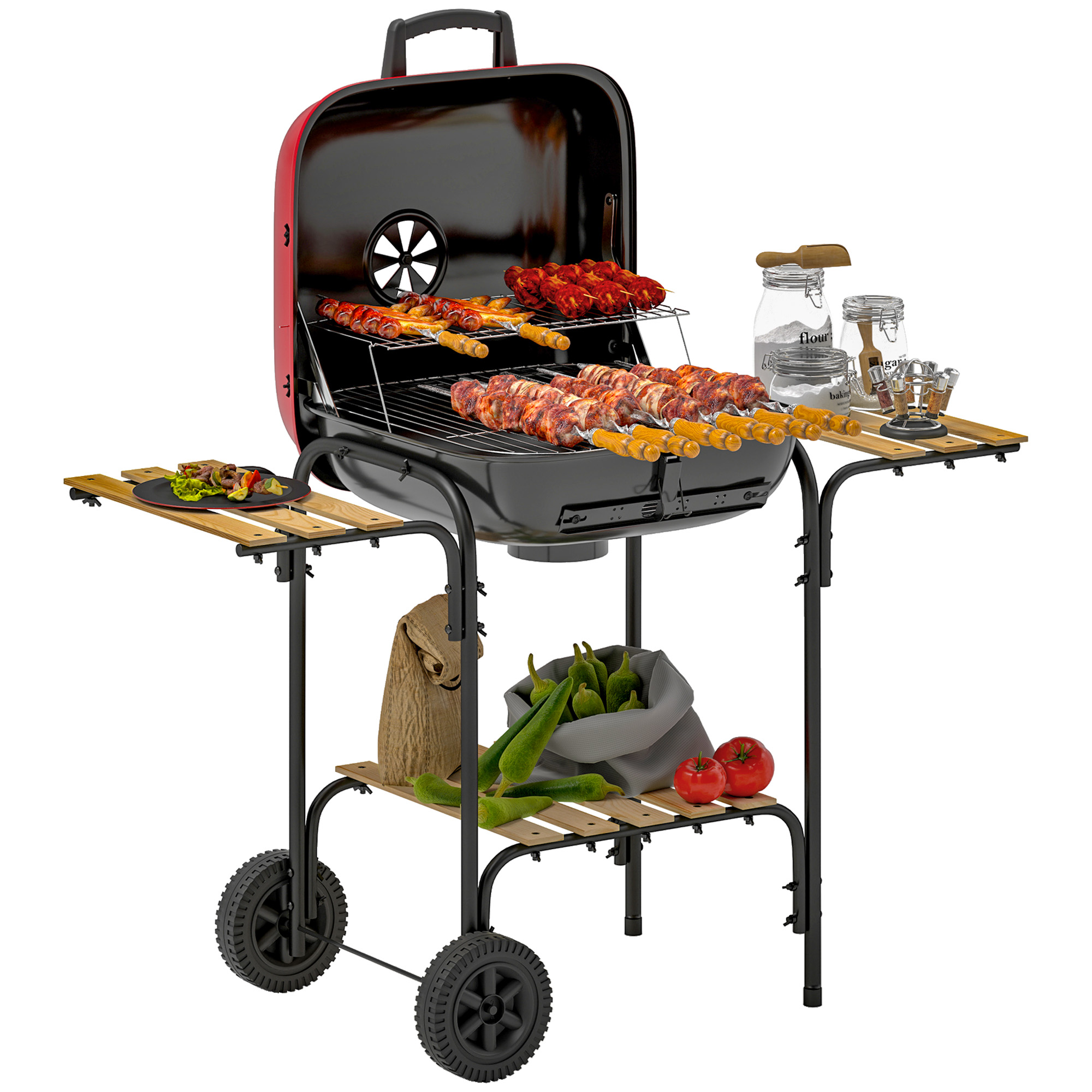 SUNVISTA Portable Charcoal BBQ Grill with 3 Shelves, Lid & Wheels, 1840cm², Red - Life Essentials