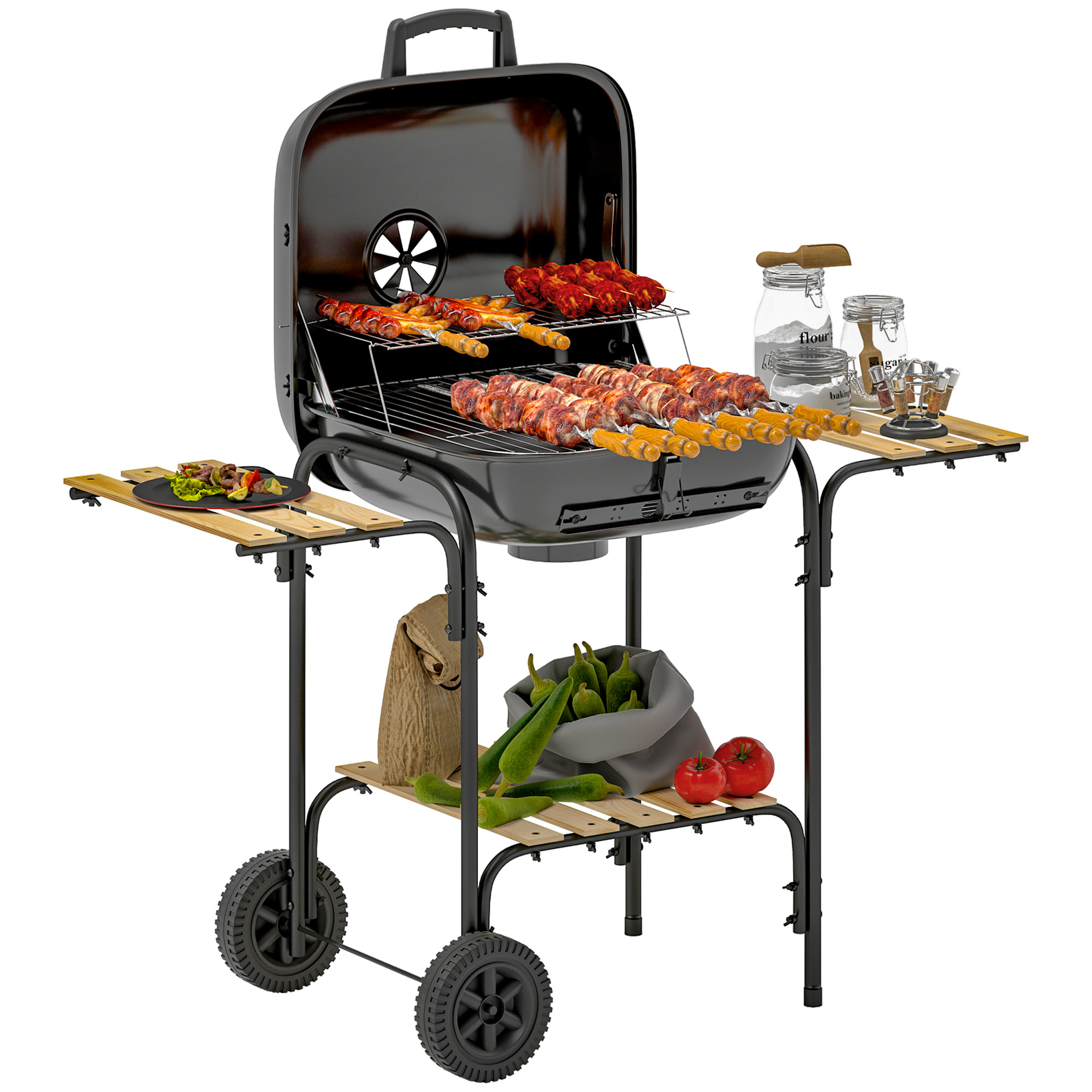 SUNVISTA Portable Charcoal BBQ Grill with 3 Shelves, Lid & Wheels, 1840cm², Black - Life Essentials
