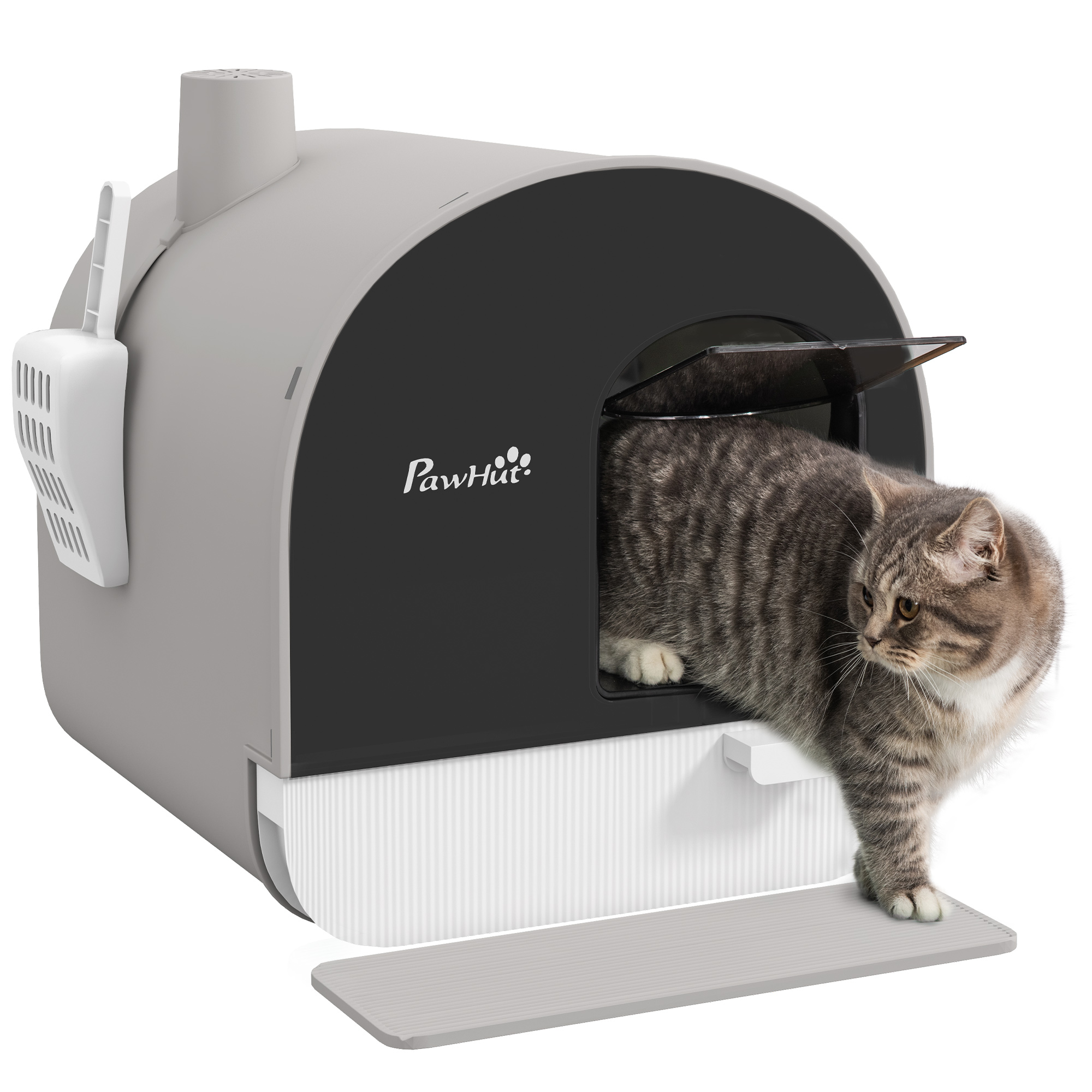 Shelley Hooded Cat Litter Box with Lid Scoop Filter Flap Door - Light Grey - Life Essentials