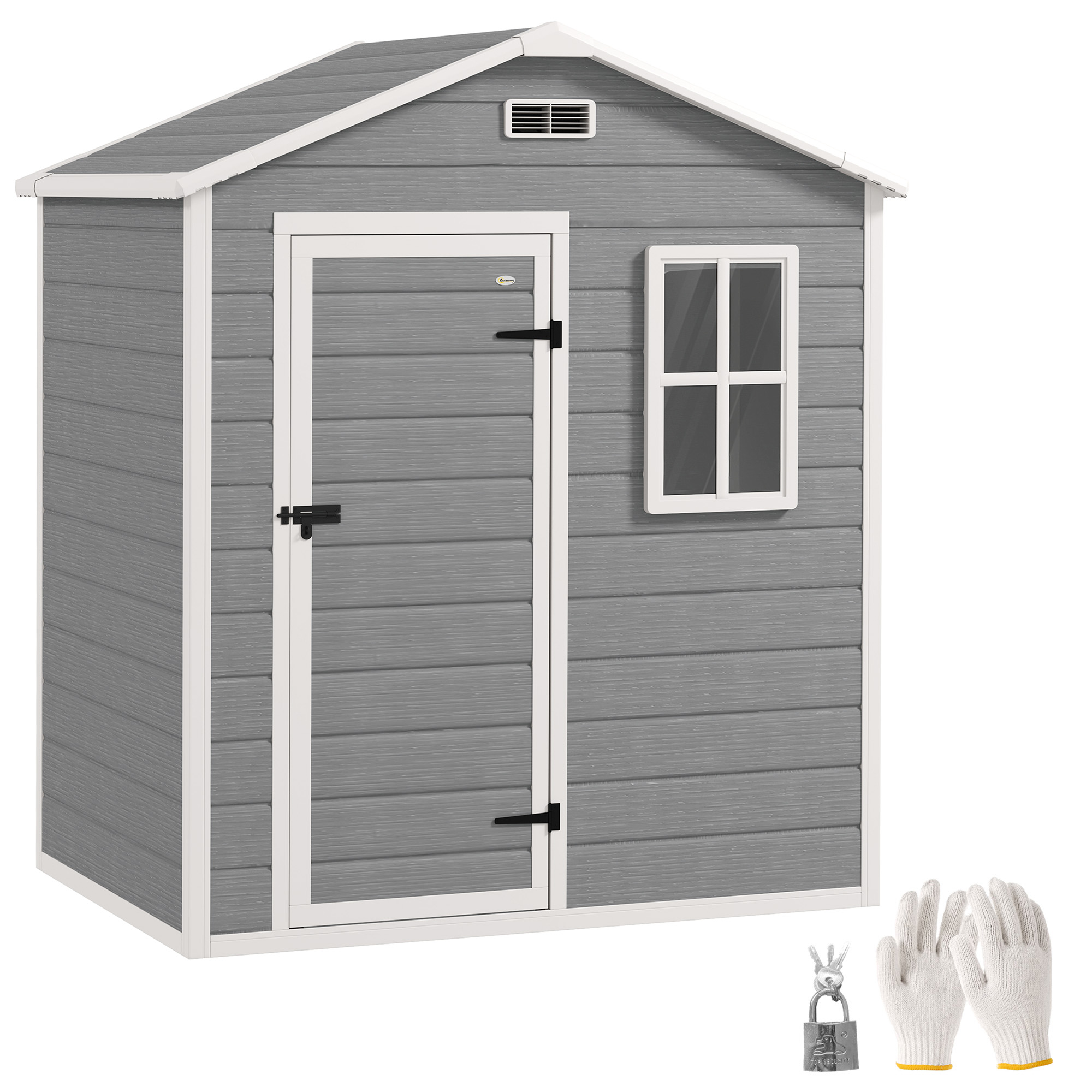 SUNVISTA 6 x 4ft Garden Shed, Plastic Shed with Floor, Window, Lockable Door and Vents, Wood Effect Resin Tool Shed for Outdoor, Grey - Life 