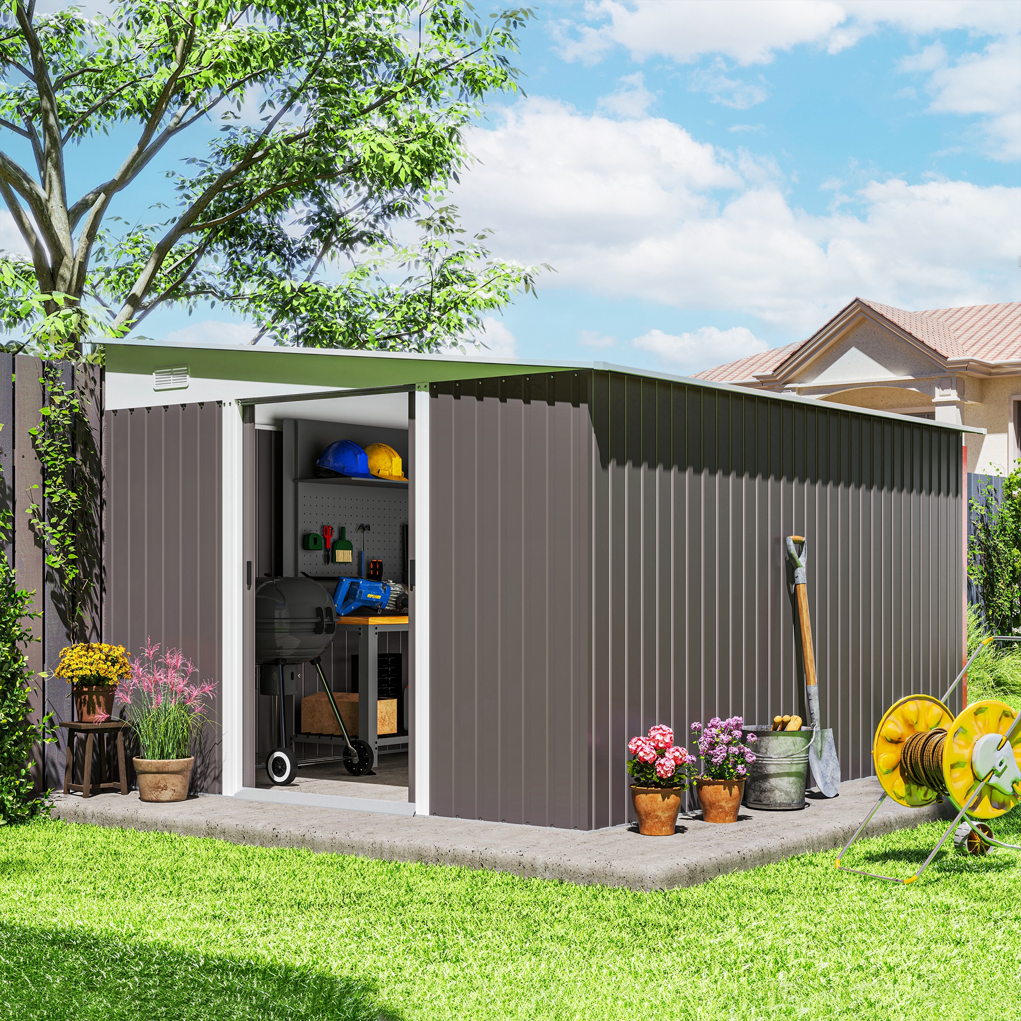 11 x 9 ft Metal Garden Storage Shed Sloped roof Tool House with Double Sliding Doors and 2 Air Vents, Grey - Life Essentials