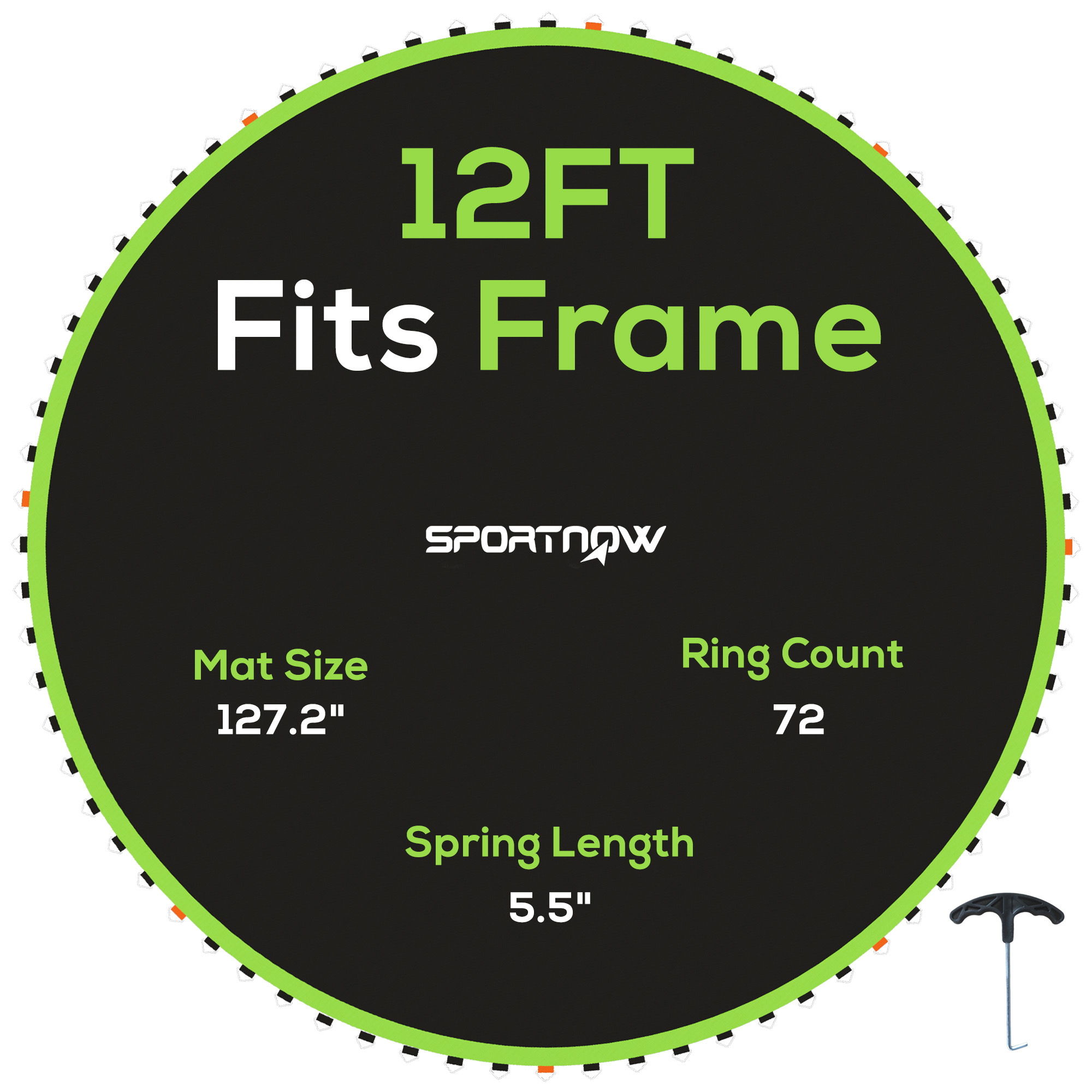 SPORTEDGE Replacement Trampoline Mat with Spring Pull Tool, 72 V-Hooks, for 12ft Trampoline using 14cm Springs, Green - Life Essentials