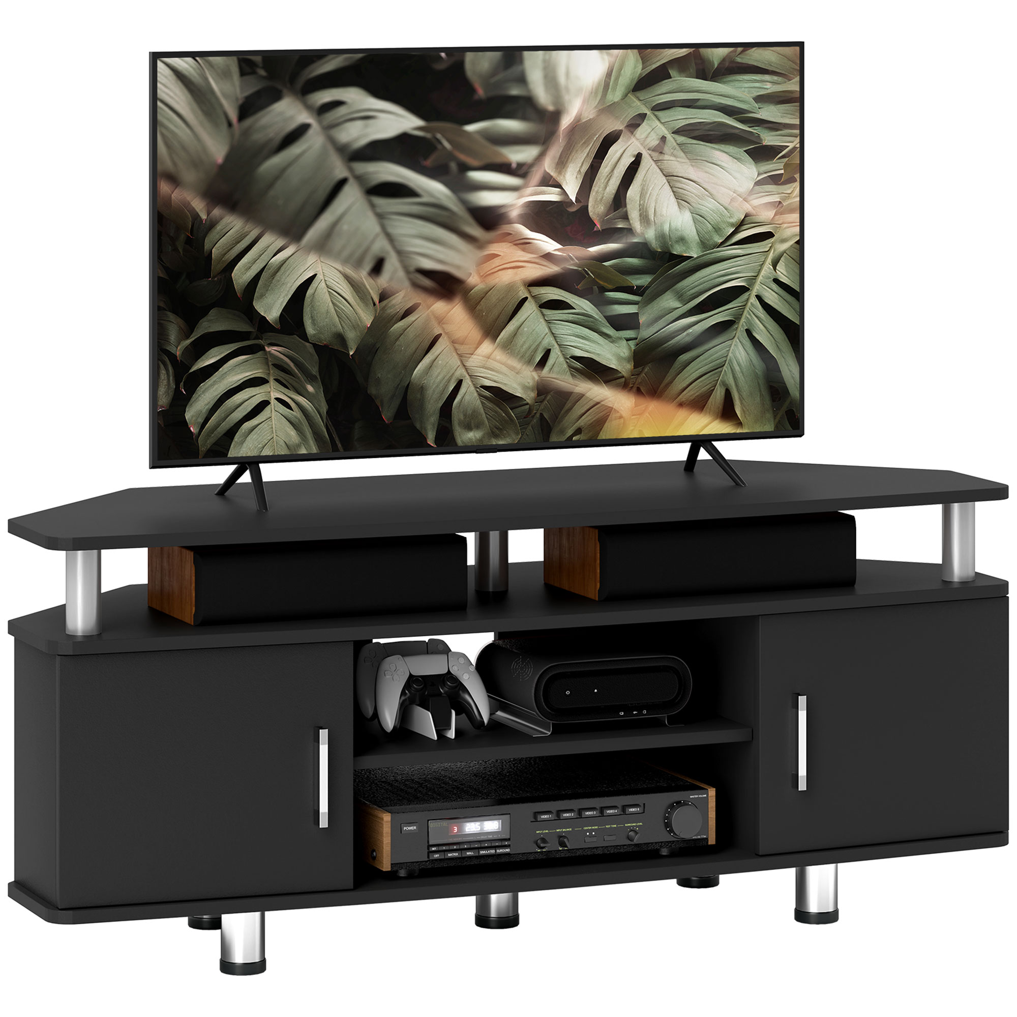 TV Unit Cabinet for TVs up to 55 Inch, Entertainment Center with 2 Storage Shelves and Cupboards, for Living Room, Black - Life Essentials