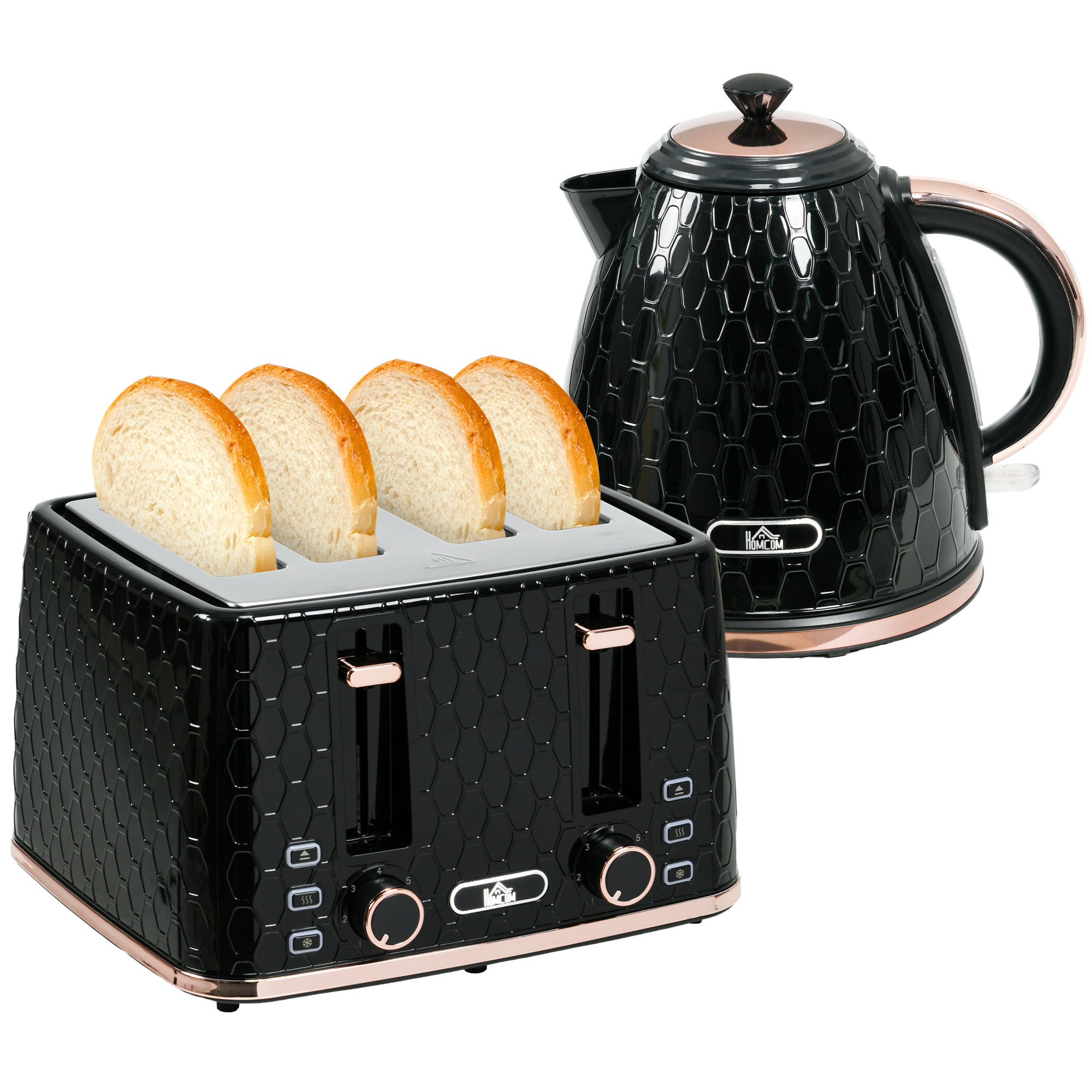 1.7L 3000W Fast Boil Kettle & 4 Slice Toaster Set, Kettle and Toaster Set with 7 Browning Controls, Crumb Tray, Black - Life Essentials