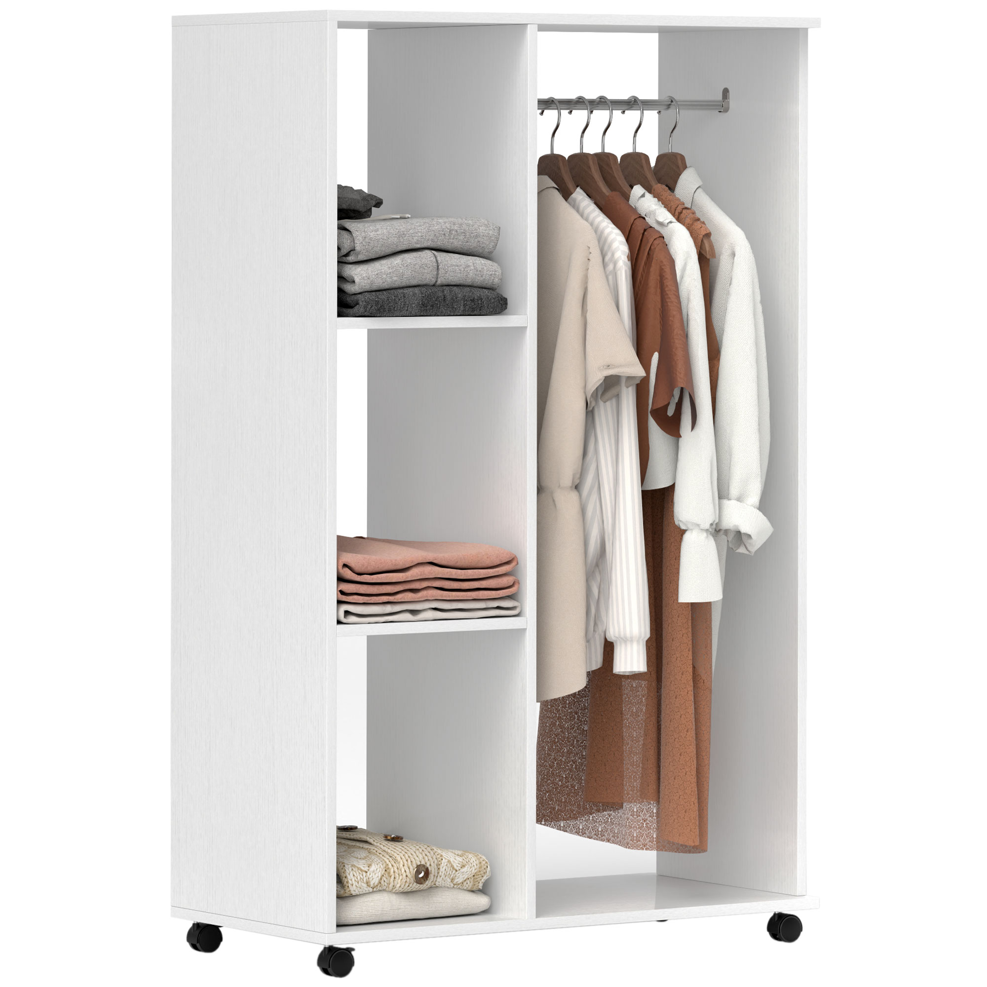 Open Wardrobe with Hanging Rail and Storage Shelves with Wheels - White - Life Essentials