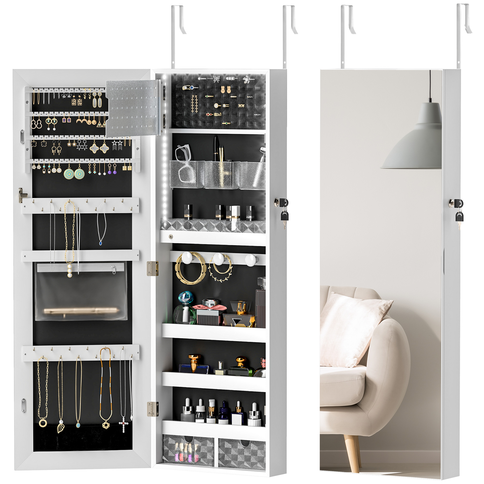 HERON 108 x 37cm Lockable Jewellery Cabinet, with LED Lights - White Surface and Black Lining - Life Essentials