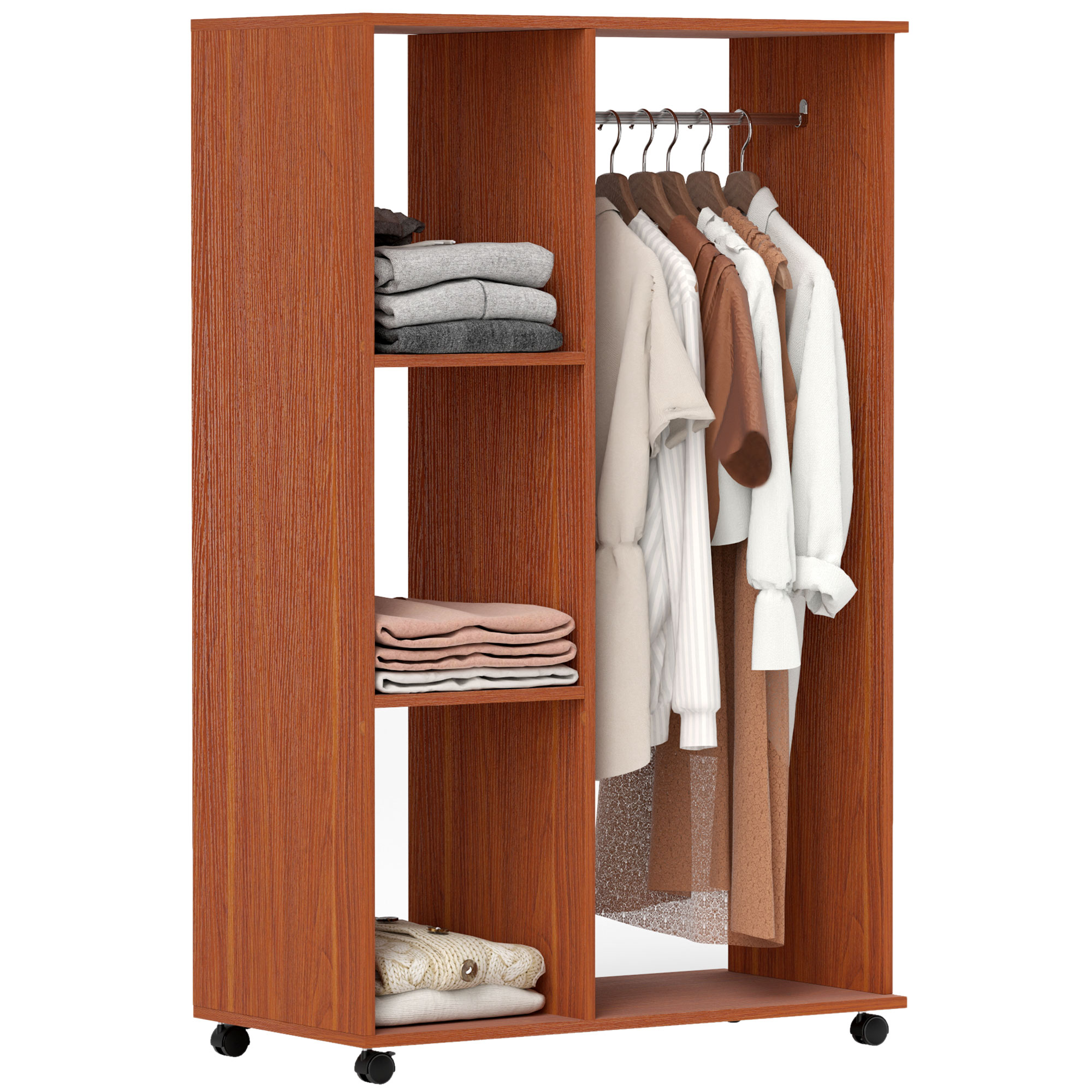 Open Wardrobe with Hanging Rail and Storage Shelves with Wheels - Walnut - Life Essentials
