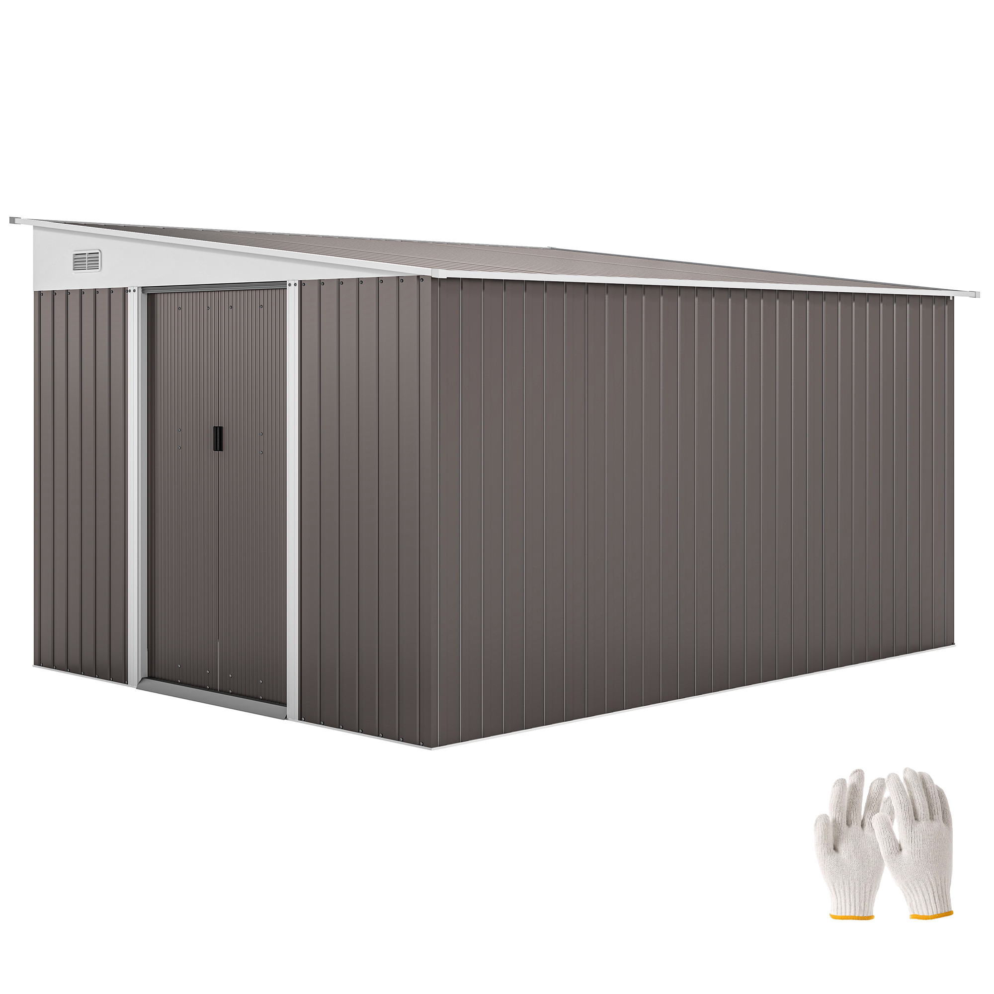 11 x 9 ft Metal Garden Storage Shed Sloped roof Tool House with Double Sliding Doors and 2 Air Vents, Grey - Life Essentials