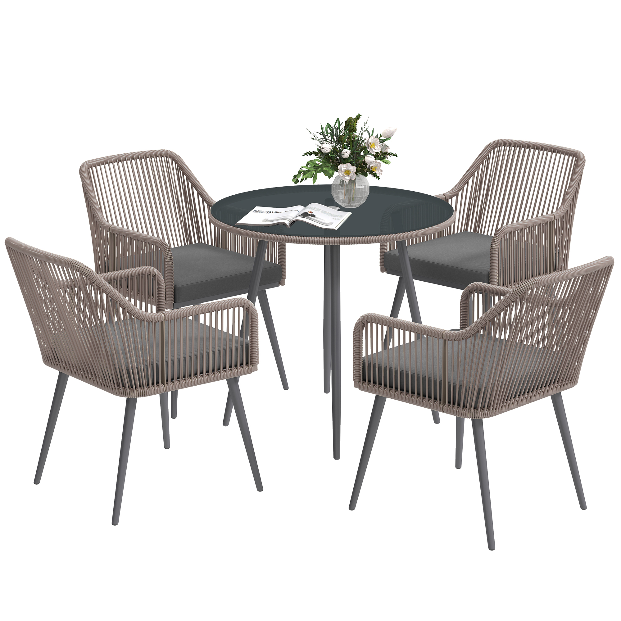 SUNVISTA 4 Seater Rattan Dining Set, Rattan Garden Furniture Set with Parasol Hole, Outdoor Dining Table and Chairs Set with Cushions, Light Brown - 