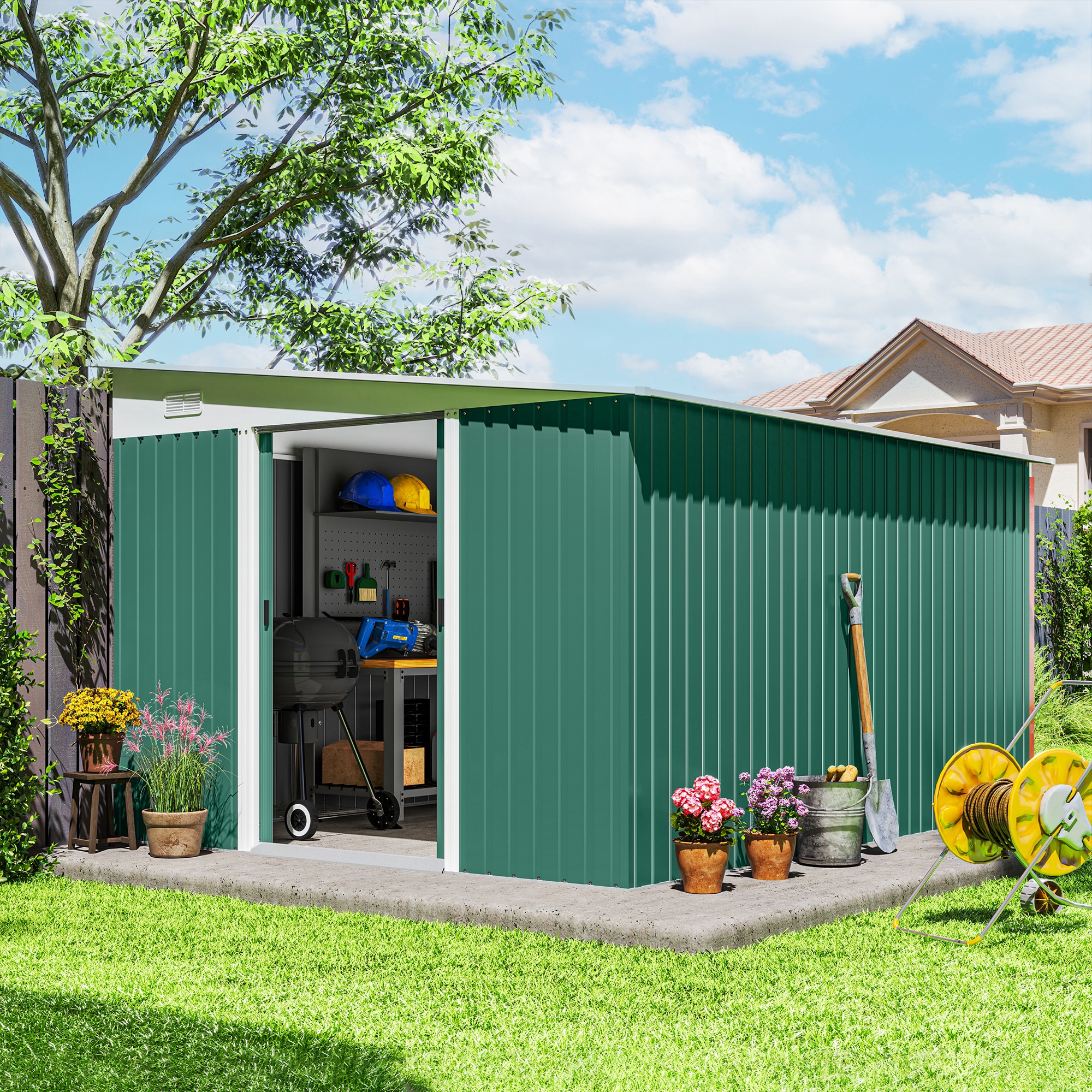 Garden Metal Storage Shed Outdoor Metal Tool House with Double Sliding Doors and 2 Air Vents, 11.3x9.2ft, Green - Life Essentials