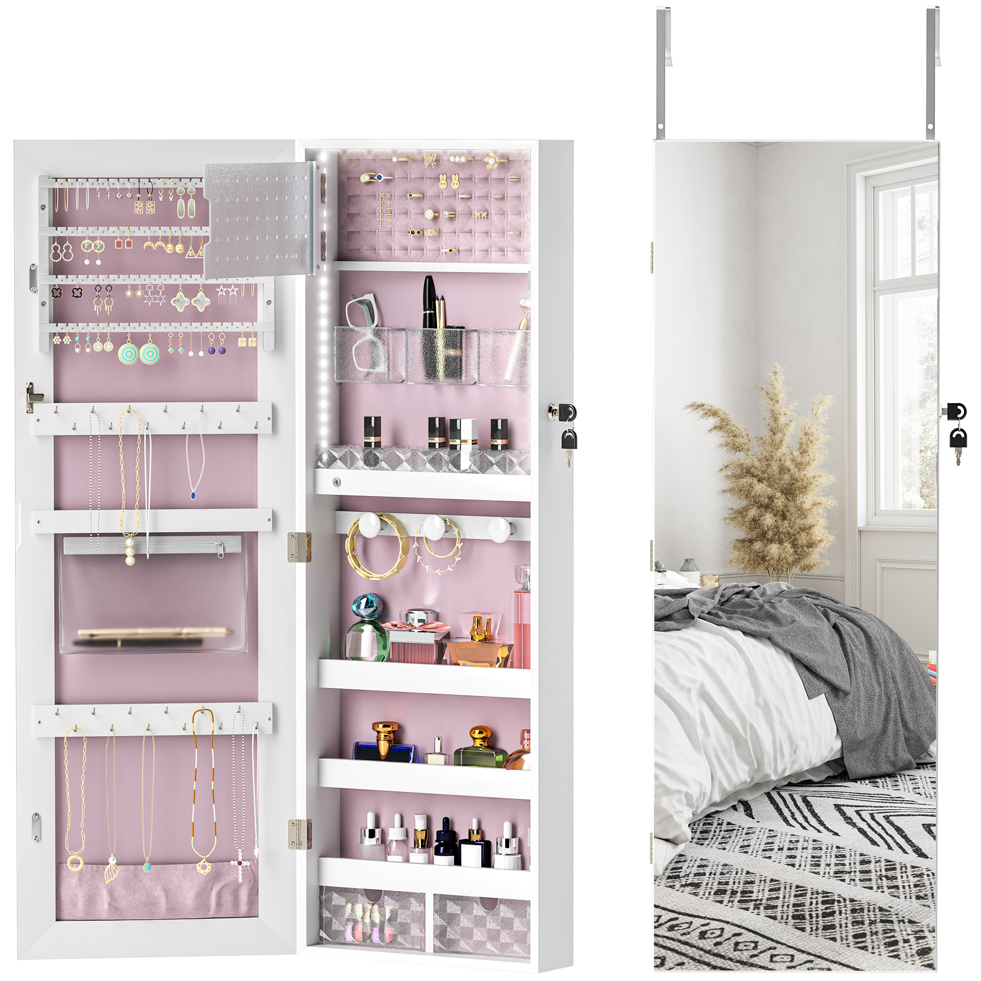 HERON 108 x 37cm Lockable Jewellery Cabinet, with LED Lights - White Surface and Pink Lining - Life Essentials