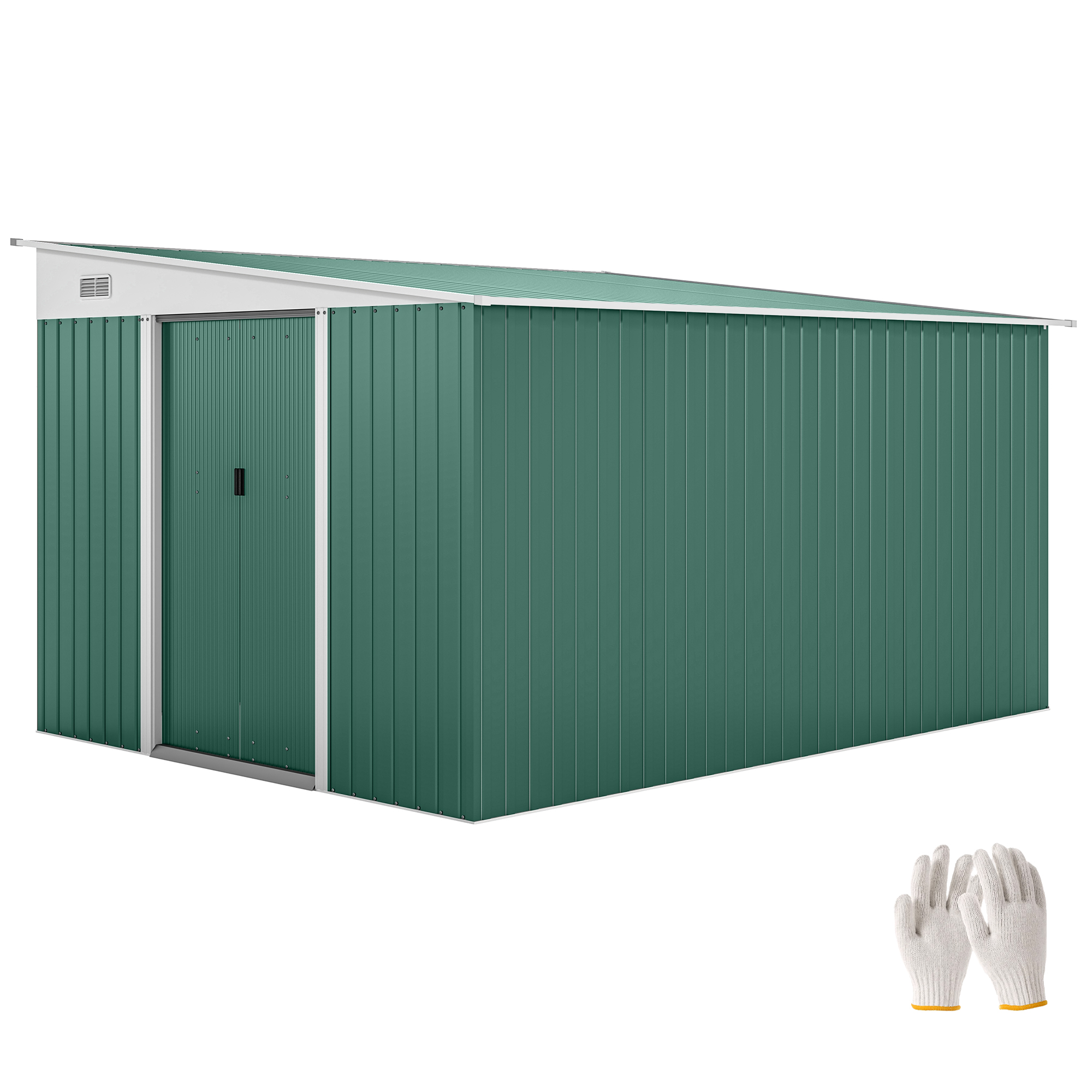 Garden Metal Storage Shed Outdoor Metal Tool House with Double Sliding Doors and 2 Air Vents, 11.3x9.2ft, Green - Life Essentials