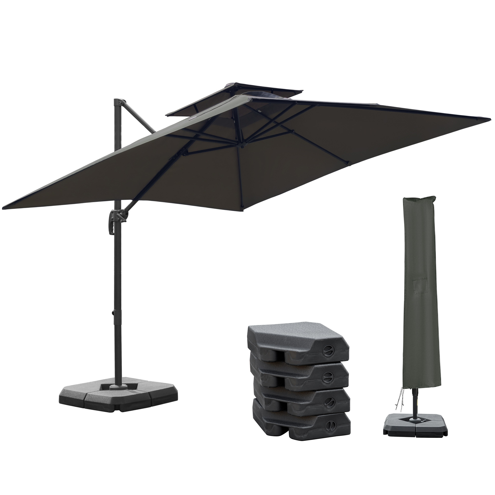 3 x 3M Garden Cantilever Roma Parasol with Crank and Tilt, Square Overhanging Patio Umbrella with 360° Rotation, Sun Shade Canopy with Base - Life 