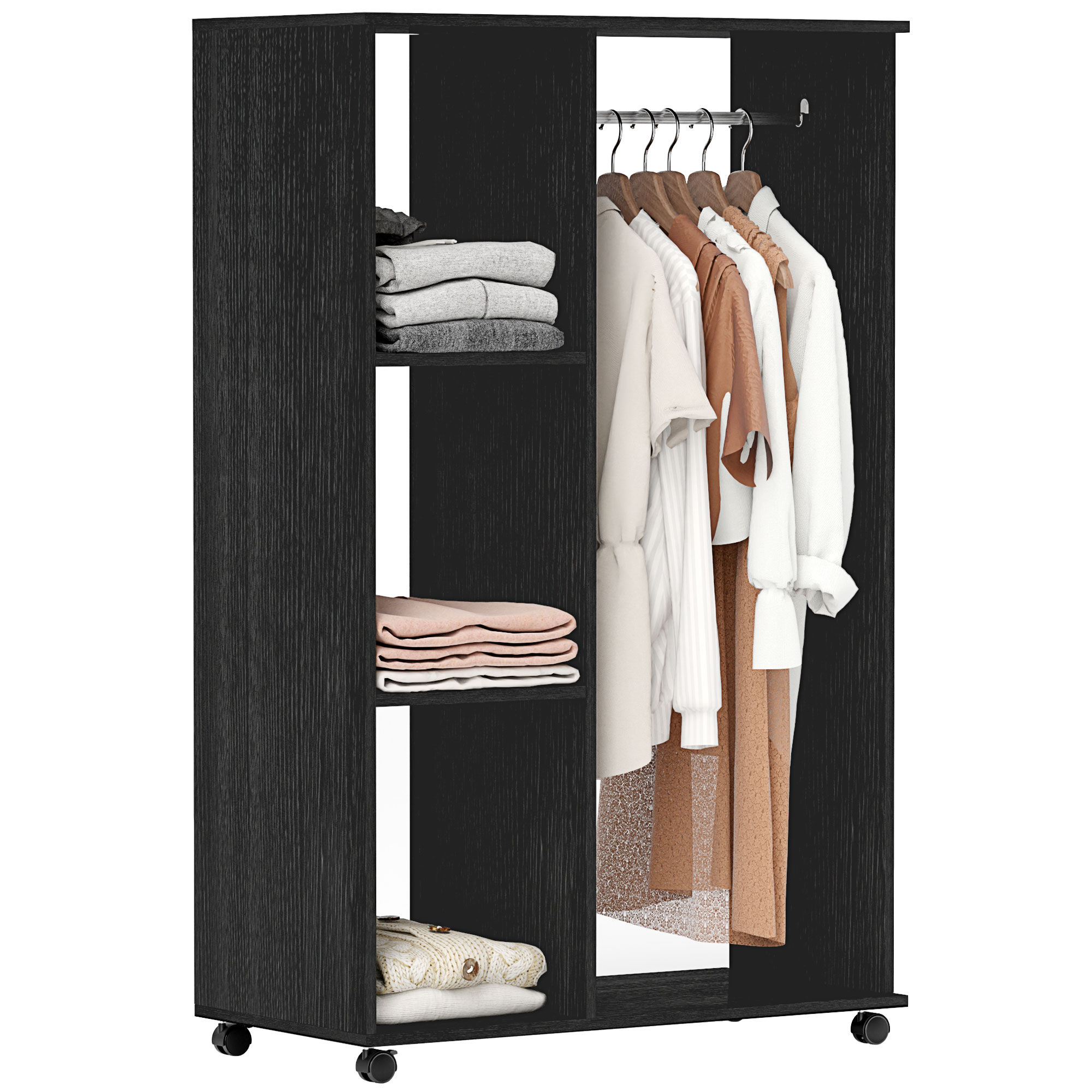 Open Wardrobe with Hanging Rail and Storage Shelves with Wheels - Black - Life Essentials