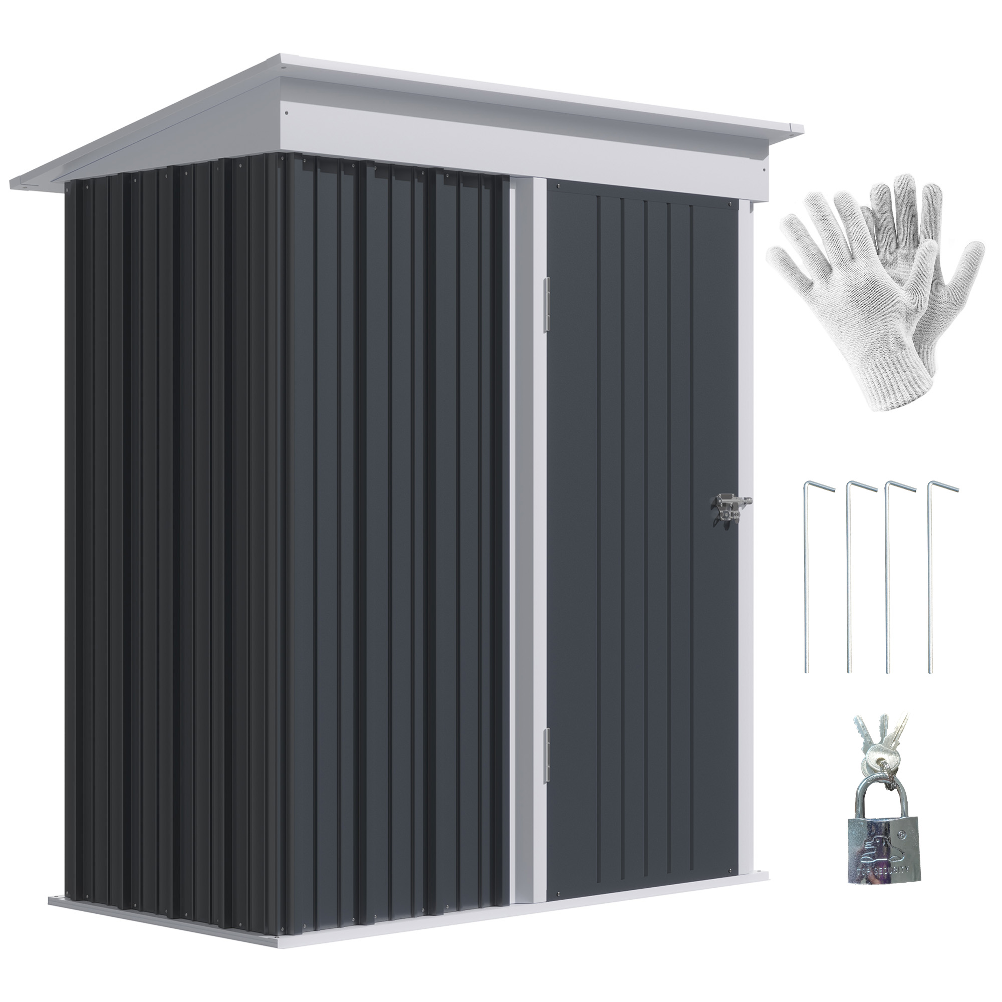 Metal Garden Shed, Outdoor Lean-to Shed for Tool Motor Bike, with Adjustable Shelf, Lock, Gloves, 5'x3'x6', Dark Grey - Life Essentials