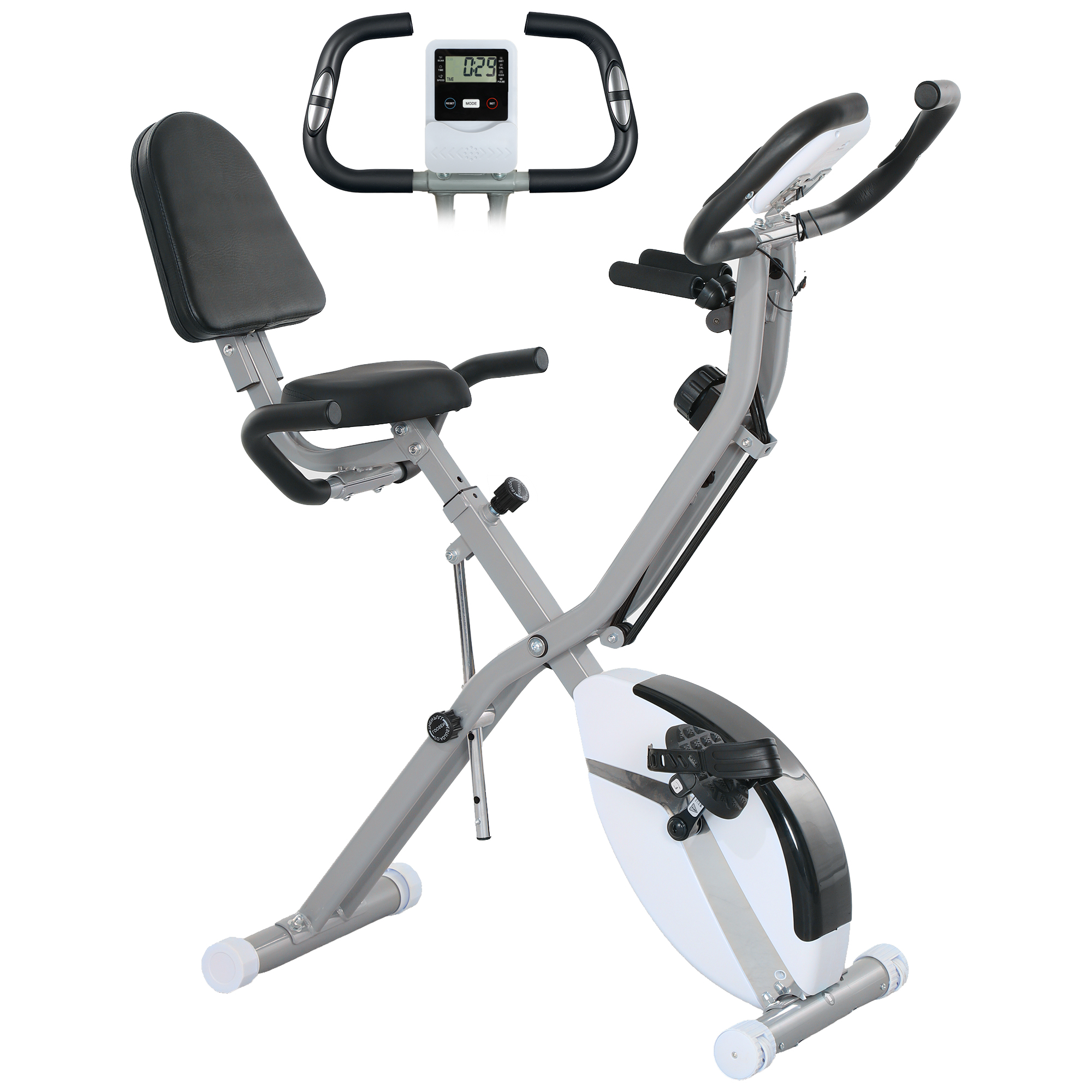 SPORTEDGE 5-in-1 Folding Exercise Bike with Bands, 8-Level Resistance, LCD Display, White - Life Essentials