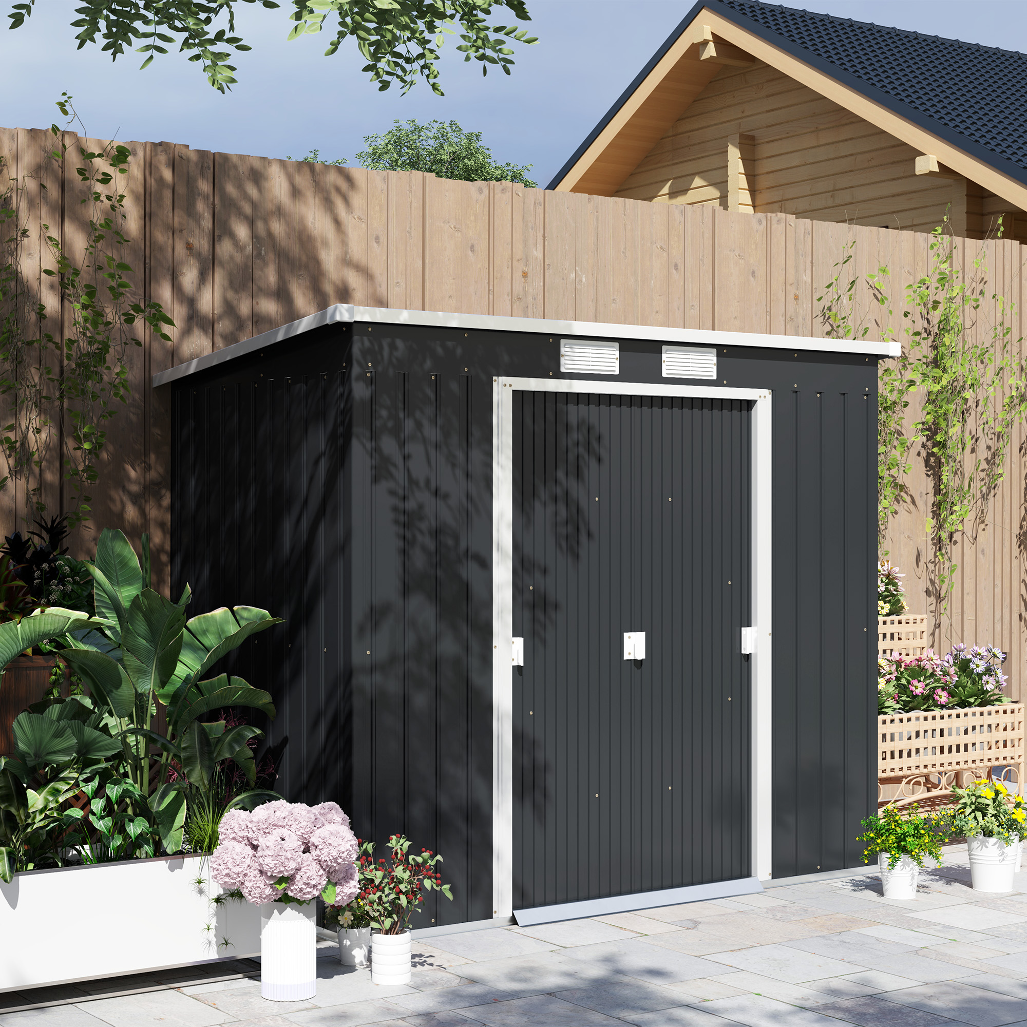 SUNVISTA 7 x 4ft Galvanised Steel Garden Shed, with Foundation Kit - Dark Grey - Life Essentials