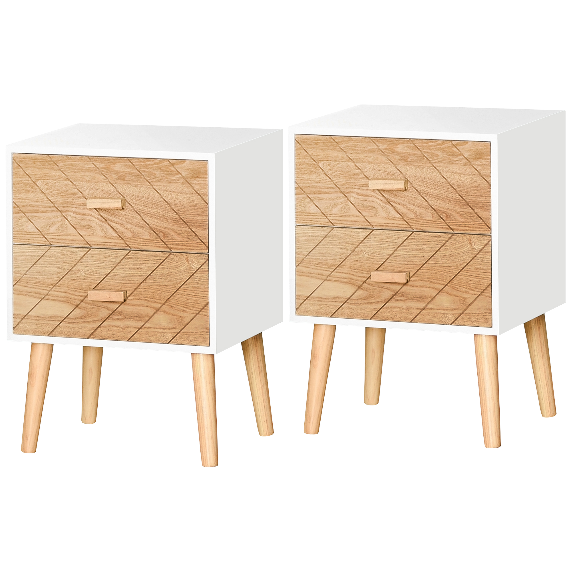 HERON Bedside Table Set of 2 Modern Cabinets Drawer Pine Wood Legs - White Natural - Life Essentials
