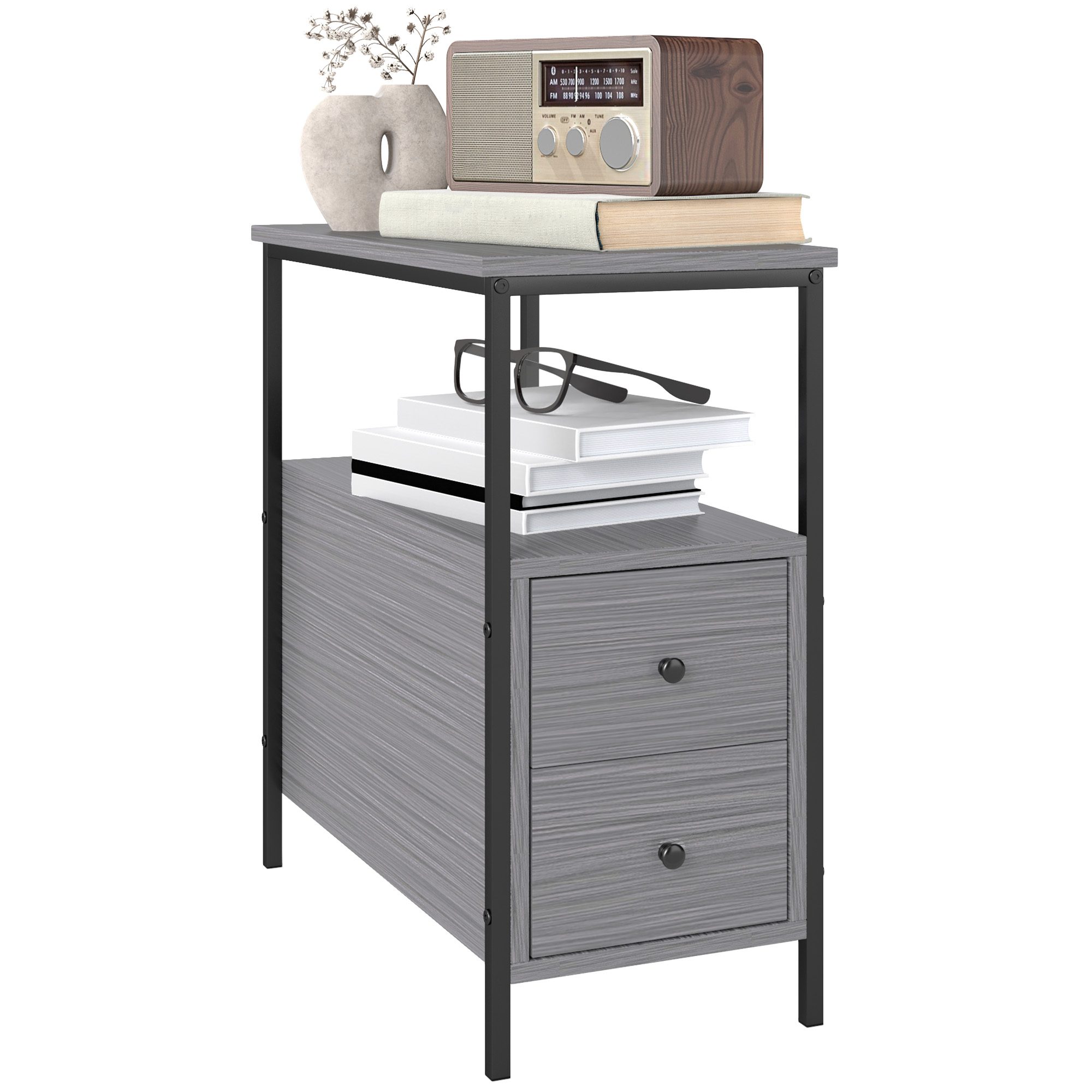 HERON Side Table, Narrow Bedside Table with 2 Drawers and Storage Shelf, Industrial End Table with Metal Frame for Small Spaces, Grey Wood Grain - 
