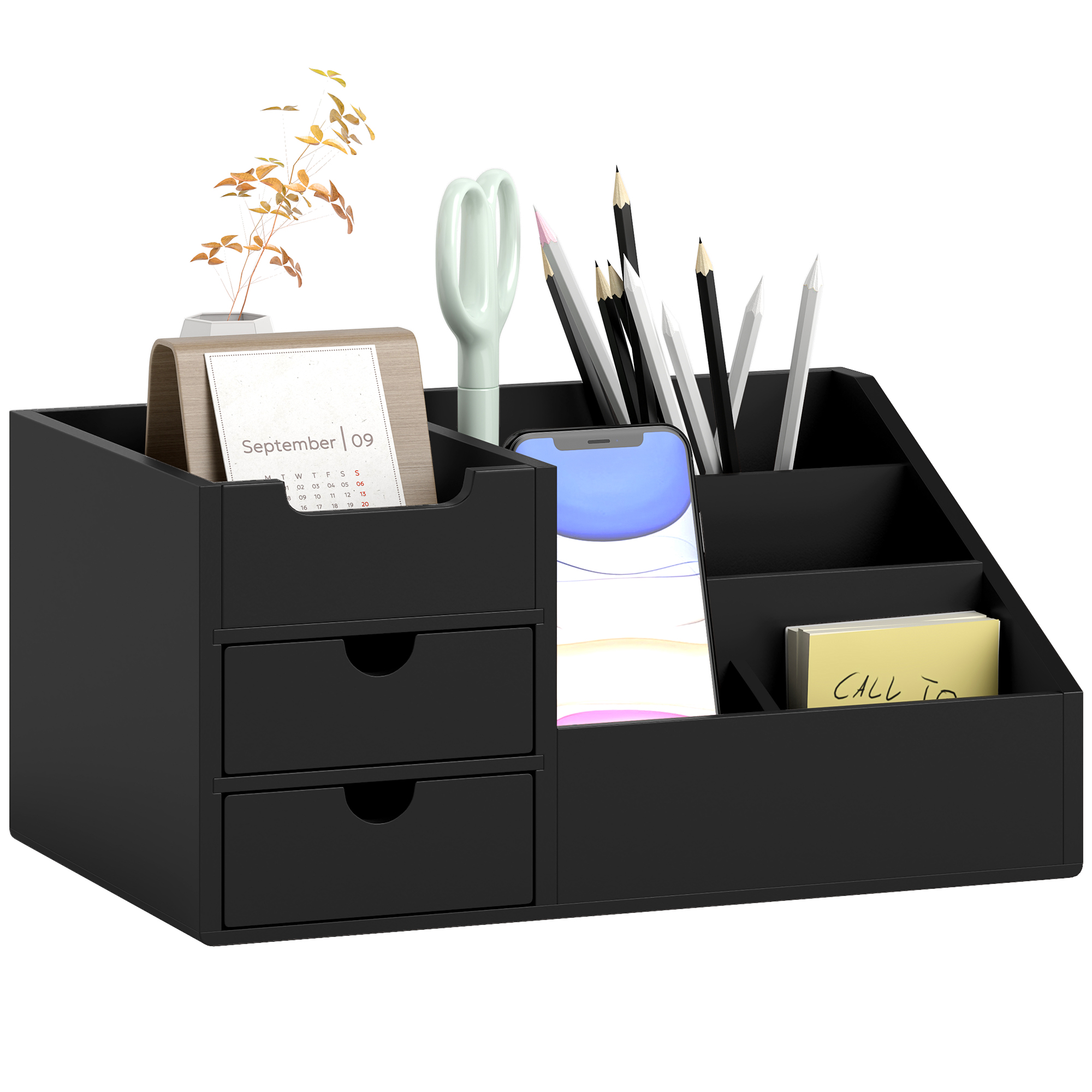 HERON Bamboo Desk Organiser with Drawers & Compartments, Office Stationery Storage Caddy, Black - Life Essentials