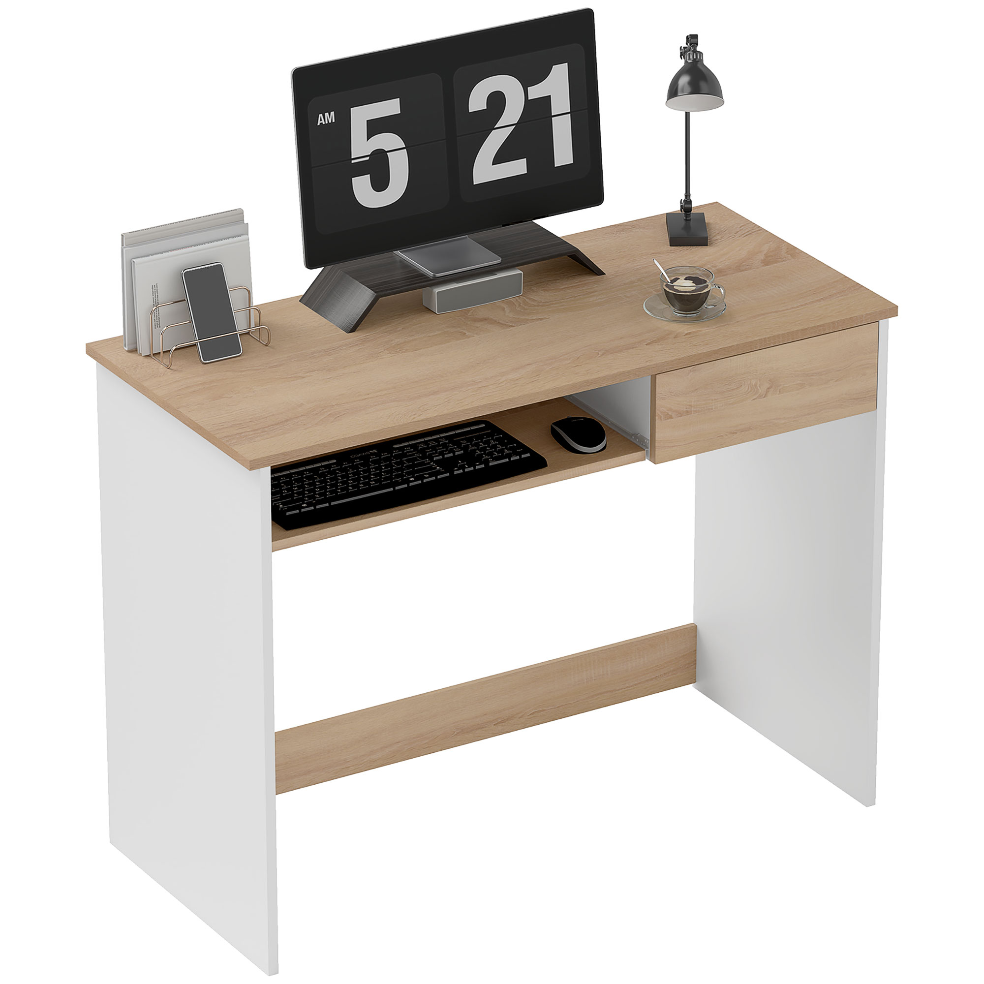 HERON 100cm Compact Computer Desk with Keyboard Tray, Home Office Desk with Drawer for Bedroom Study, Oak - Life Essentials