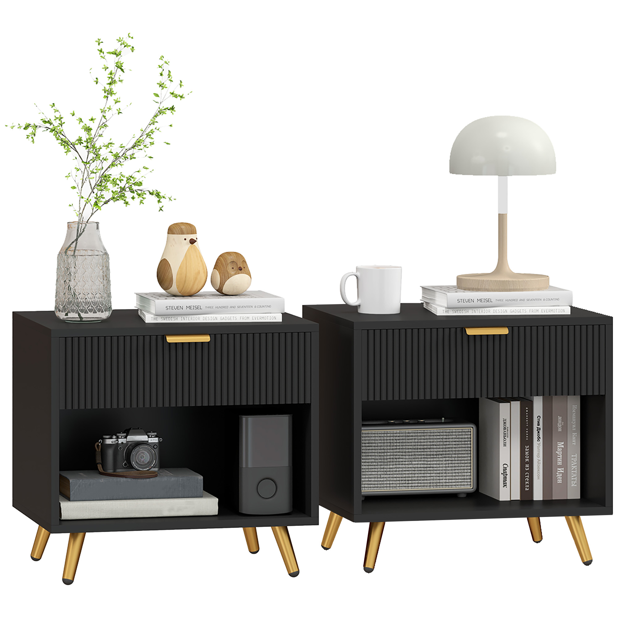 HERON Elegant Bedside Table Set of 2 Drawer Shelf - Black Gold - Life Essentials