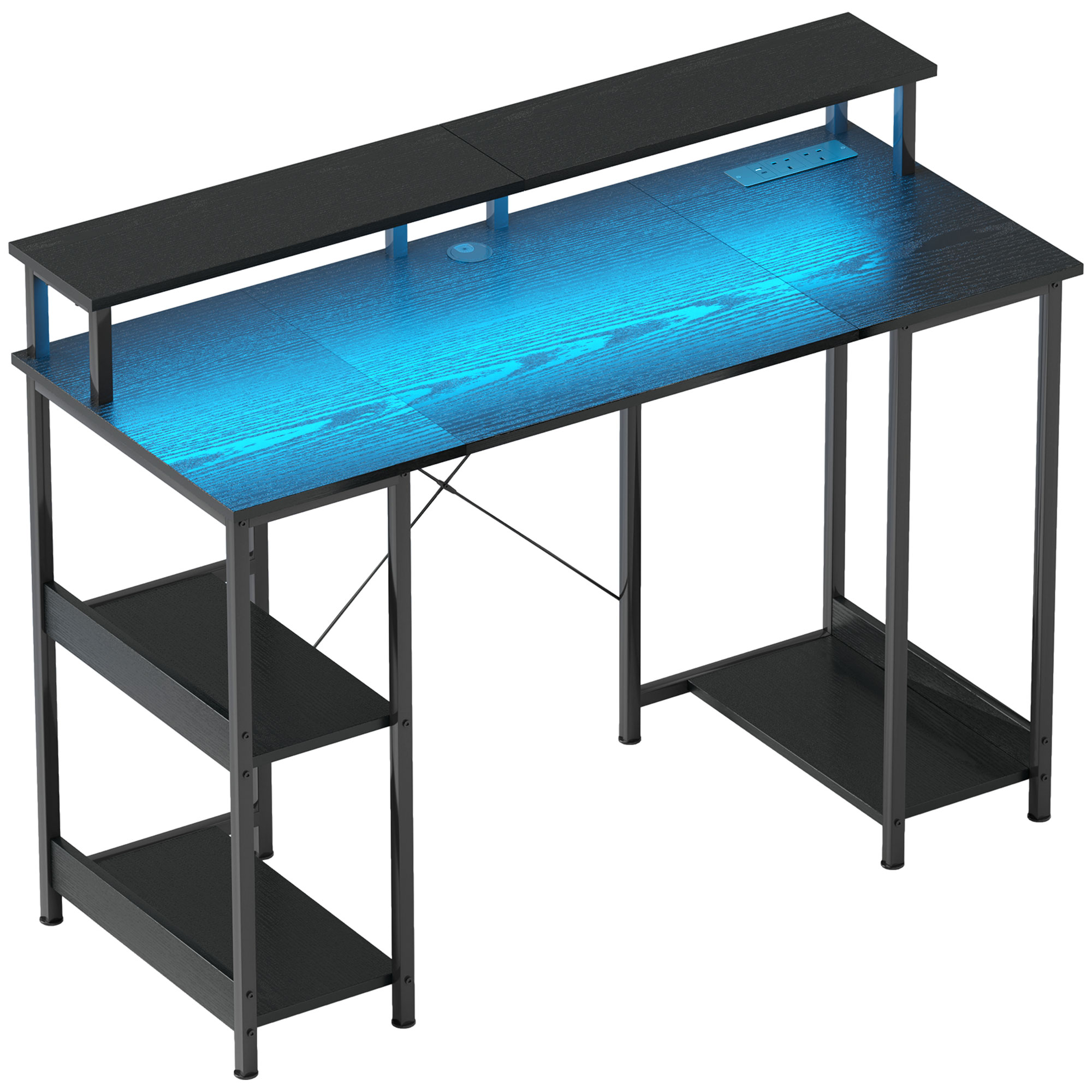 HERON Computer Desk with Power Outlets and LED Lights, Black - Life Essentials