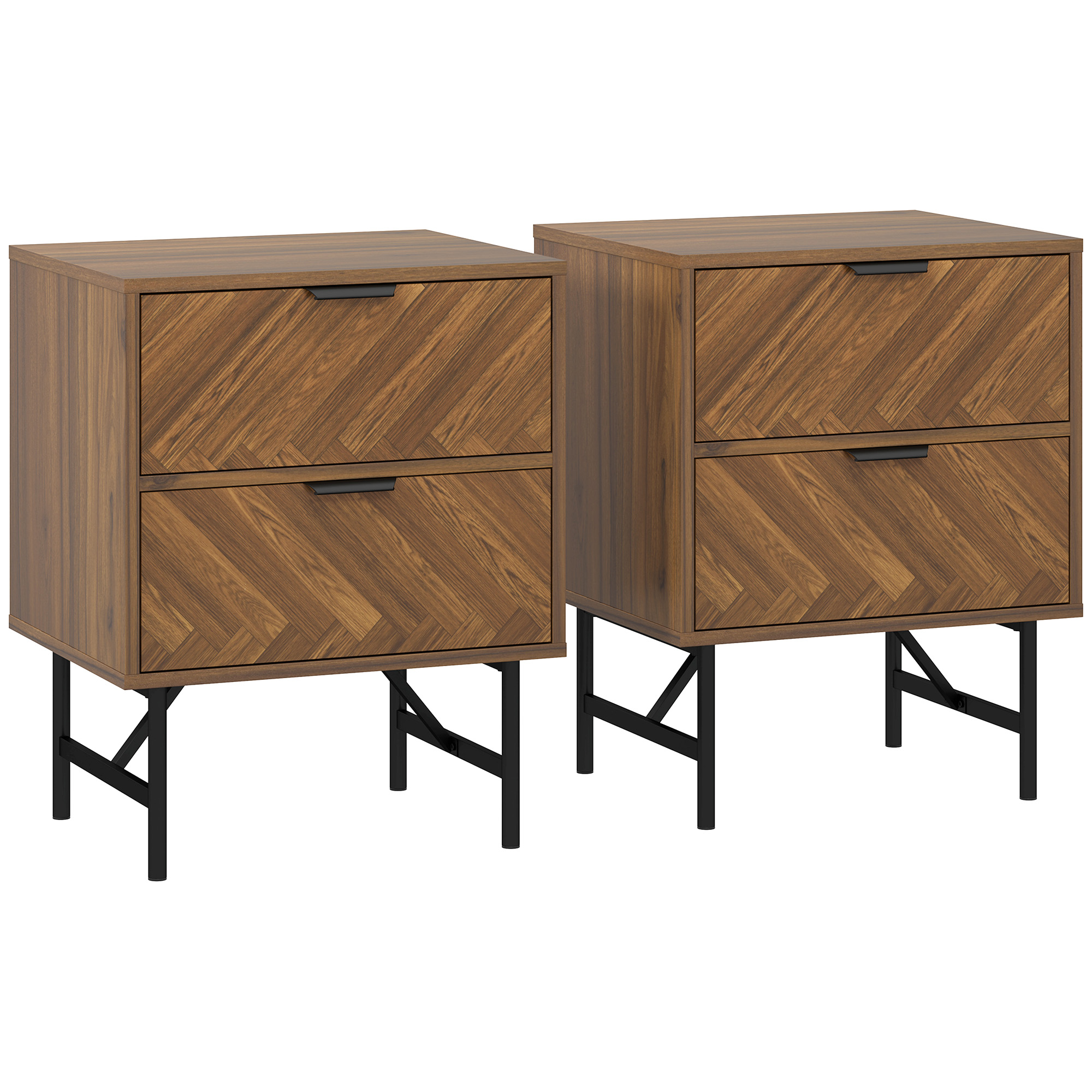 HERON Bedside Table Set of 2 2 Drawers Herringbone Pattern Metal Legs - Walnut Brown - Life Essentials