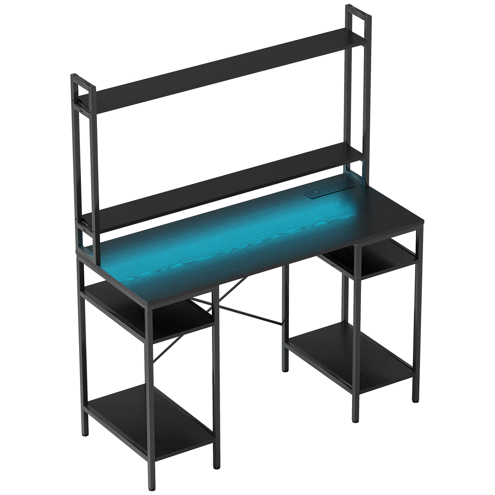 HERON LED Computer Desk, Power Outlets, Monitor Stand, 2 CPU Stands, Gaming & Office Desk, Black - Life Essentials