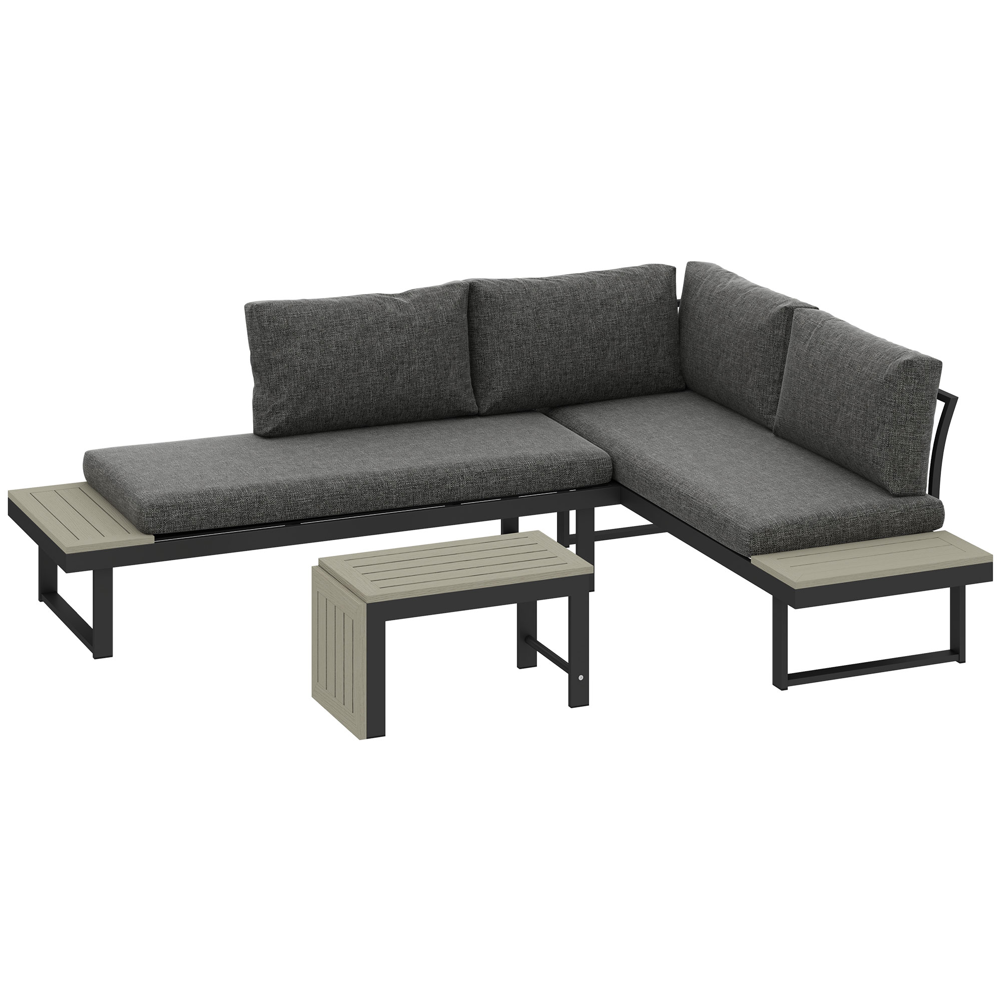 SUNVISTA 4 Seater L Shaped Aluminium Sectional Garden Furniture Set with 2 Loveseats and Wood-Plastic Coffee Table - Dark Grey - Life Essentials