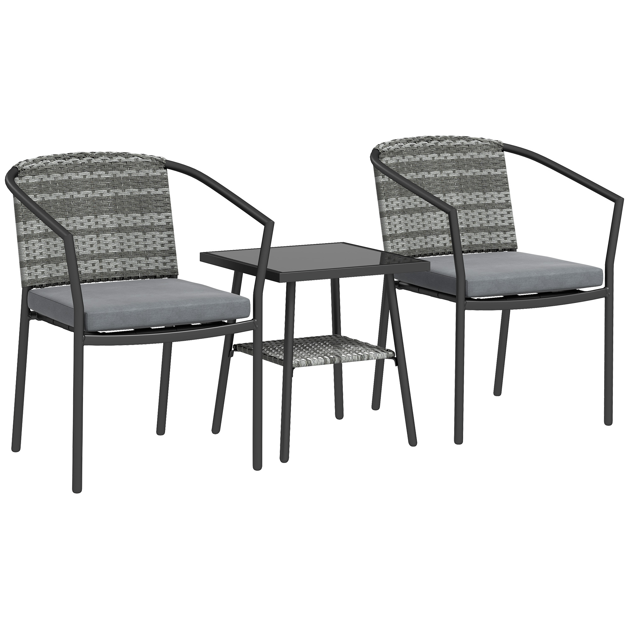 SUNVISTA 3-Piece Rattan Bistro Set with Cushions & Glass Table, Outdoor Patio Furniture Set, Grey - Life Essentials