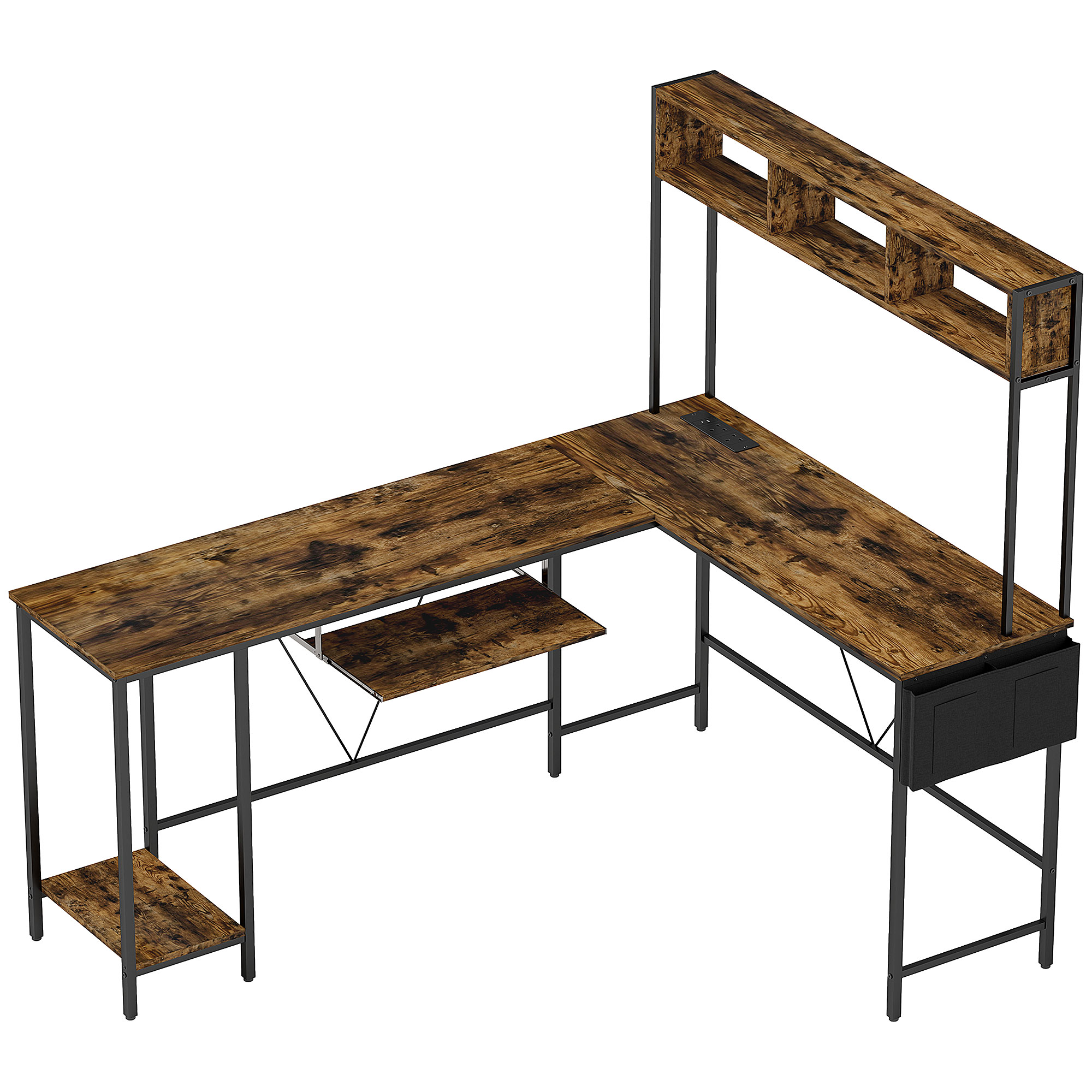 HERON 160cm Reversible L Shaped Desk with Power Outlet, Rustic Brown - Life Essentials