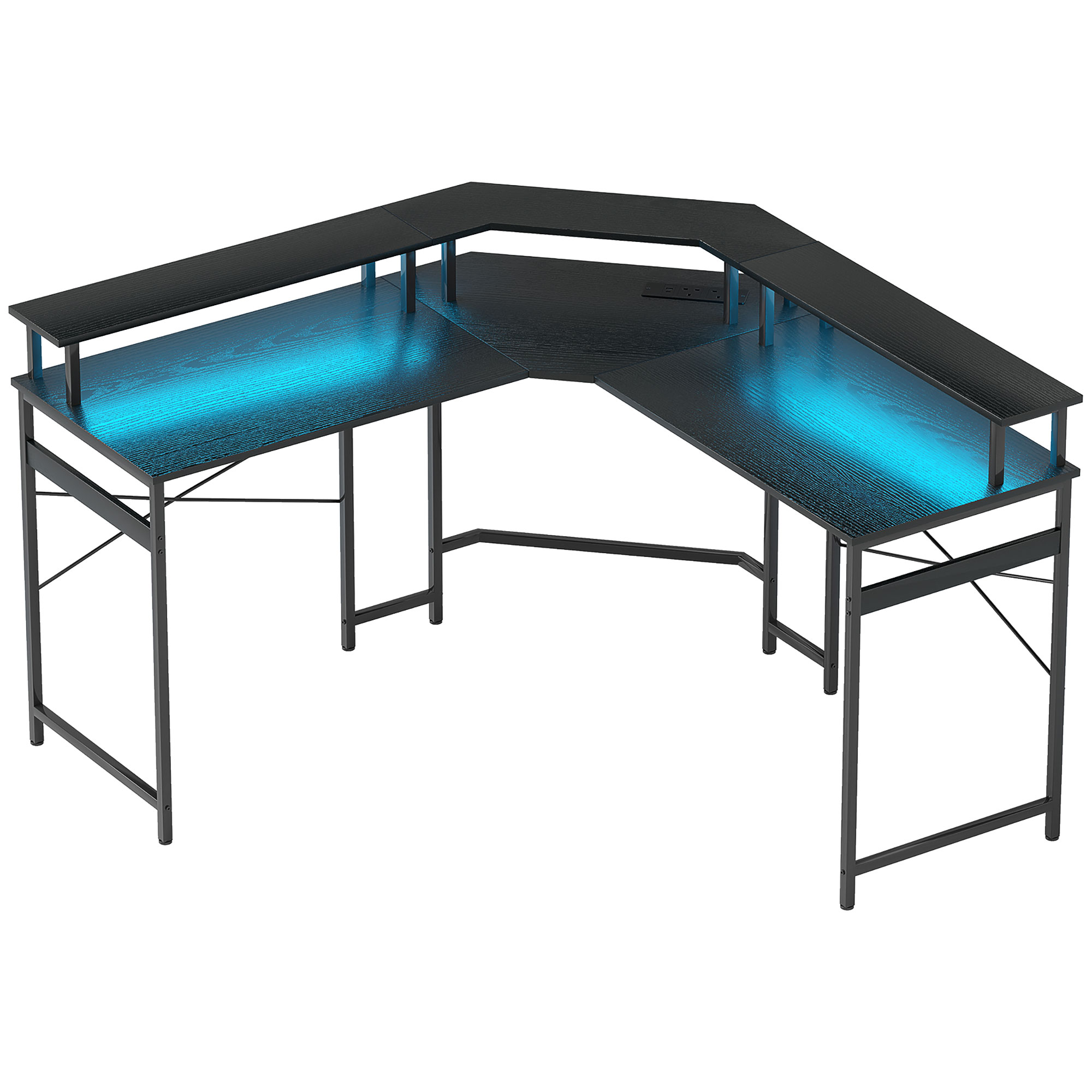 HERON 'L' Shaped Work Desk, with LED Lights - Black - Life Essentials