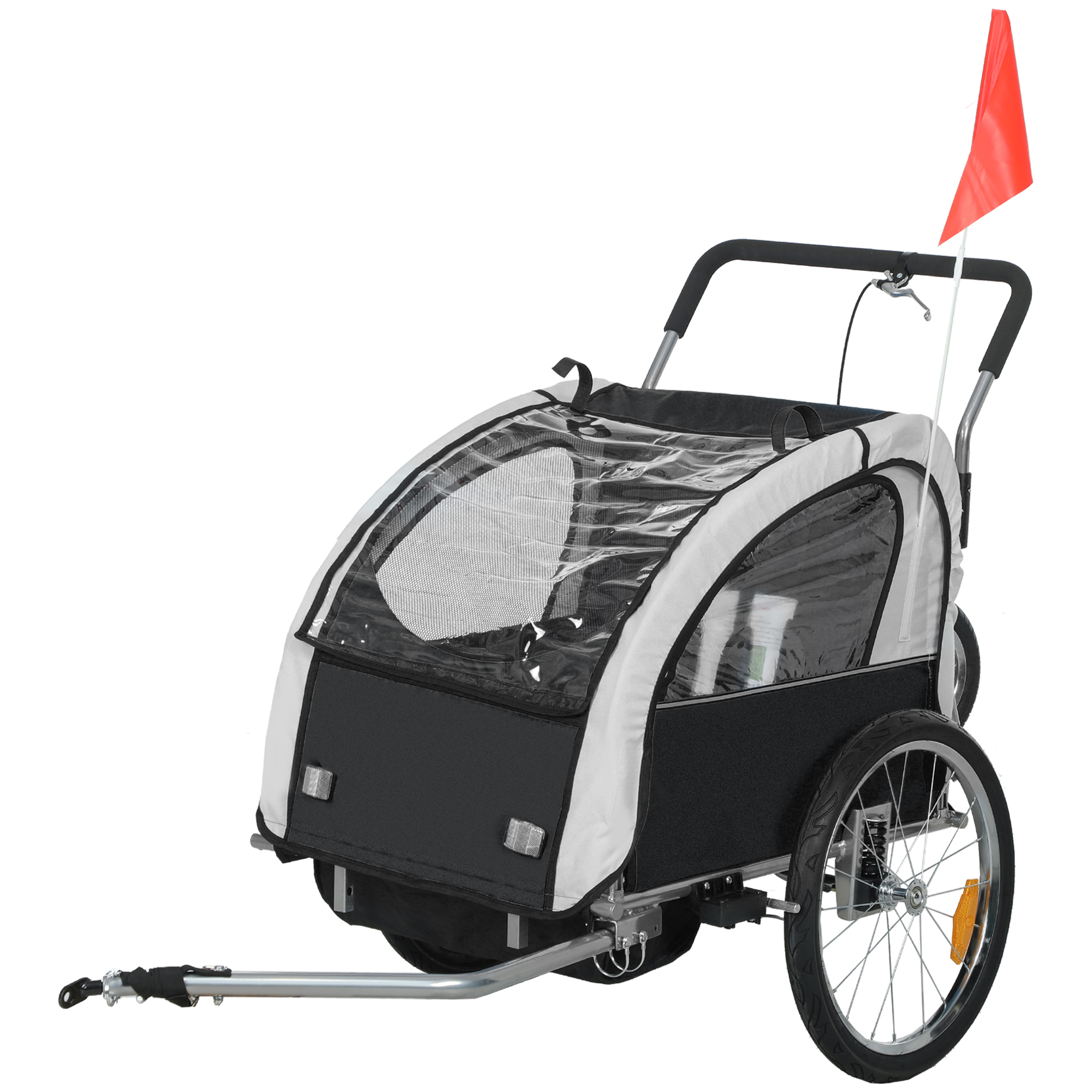 HERON 2 Seat Bike Trailer with 5 Point Harness, Baby Bike Stroller with Safety Flag, Reflectors, for 18+ Months, Black - Life Essentials