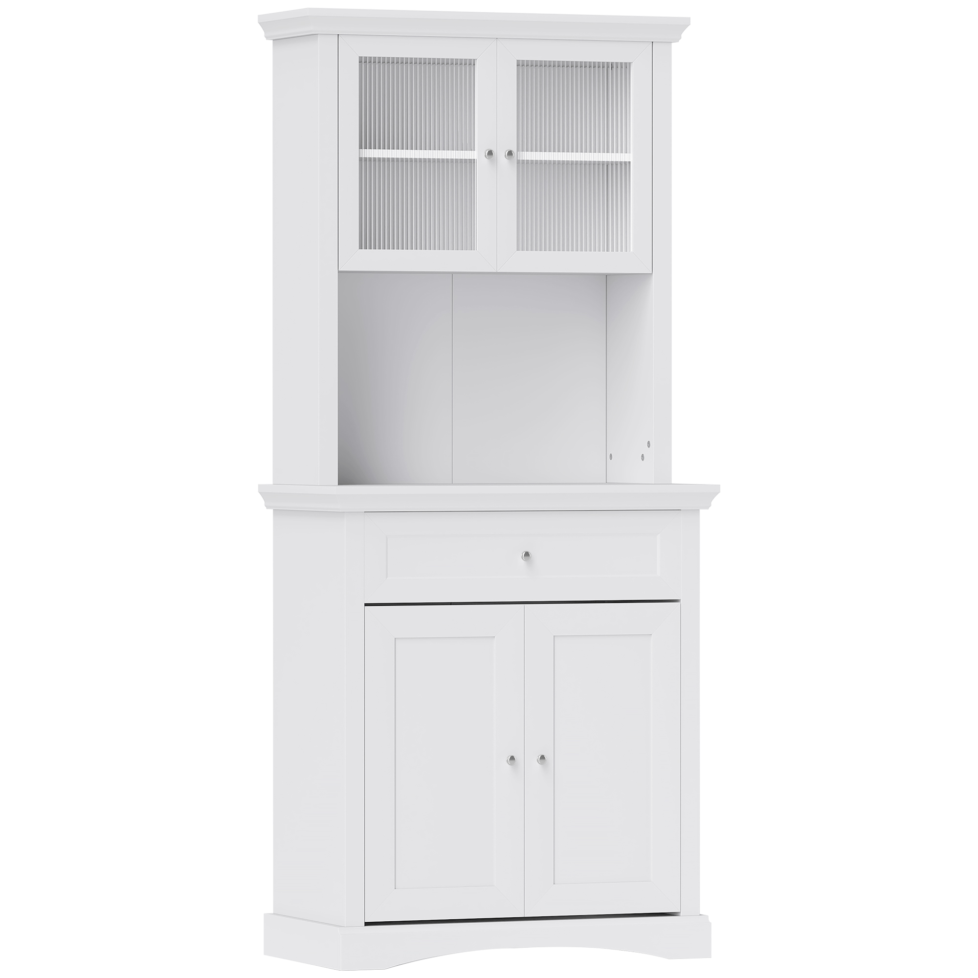 HERON 4-Door Kitchen Cupboard with Drawer, Freestanding Kitchen Cabinet with Glass Doors, Adjustable Shelves and Open Counter, White - Life Essentials