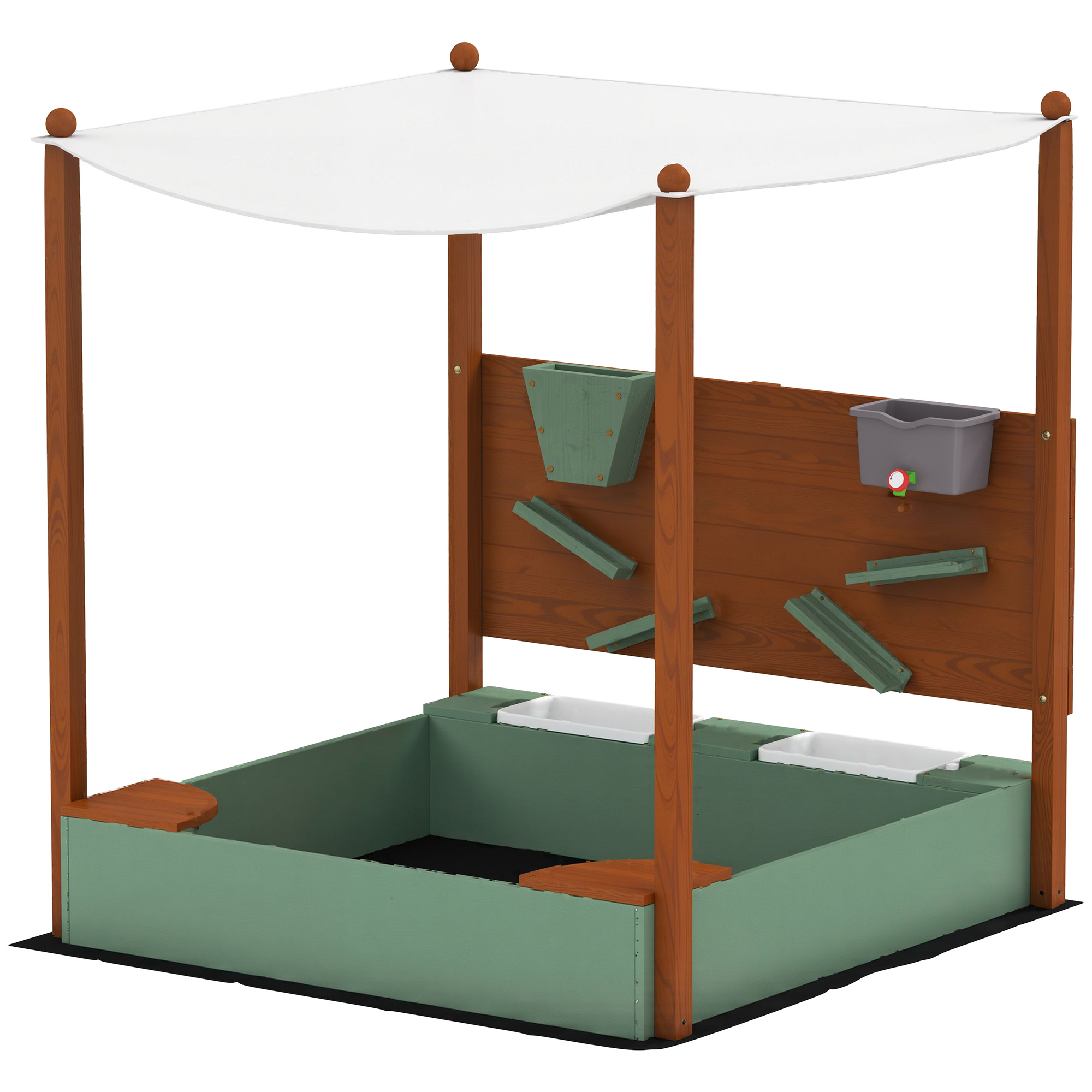 AIVAGO Wood Sandpit with Canopy, Storage Bins, Funnel, Liner, Chutes, Bucket with Tap, 116 x 112.5 x 128 cm, Green - Life Essentials