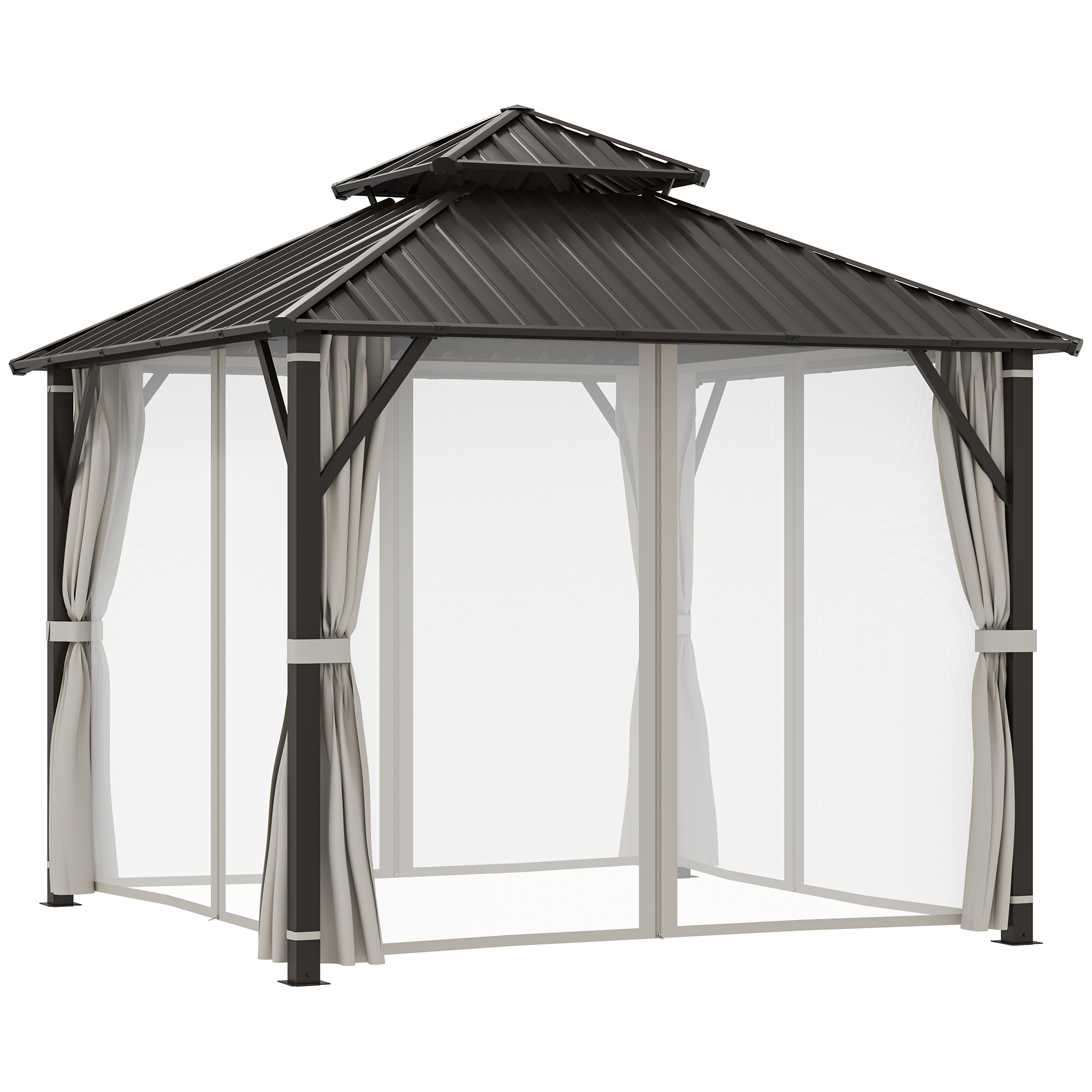 SUNVISTA 3x3m Hardtop Gazebo with Double Metal Roof, Waterproof Pavilion with Netting & Curtains - Beige - Life Essentials