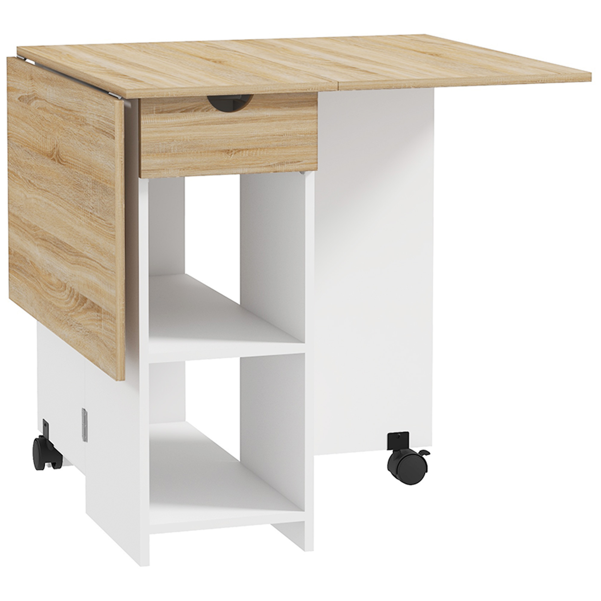 HERON Folding Dining Table, Drop Leaf Table for Small Spaces, Foldable Table with Drawer and Storage Shelves for Kitchen, Dining Room, Oak - Life 