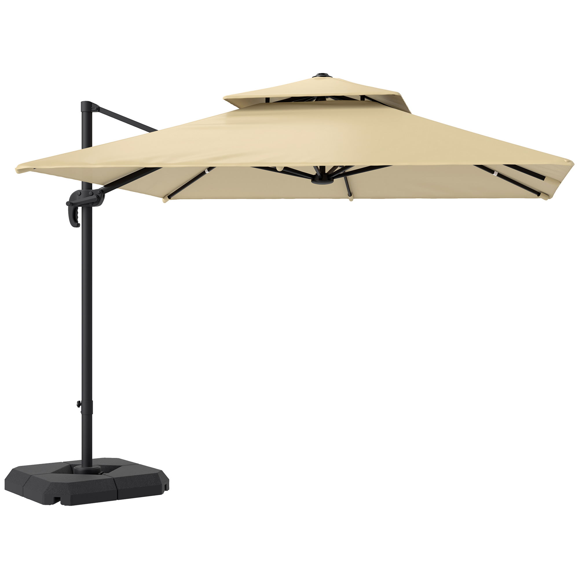 SUNVISTA 2.7x2.7m Cantilever Parasol with Tilt, Crank, 360° Rotation, Base & Cover Included - Khaki - Life Essentials