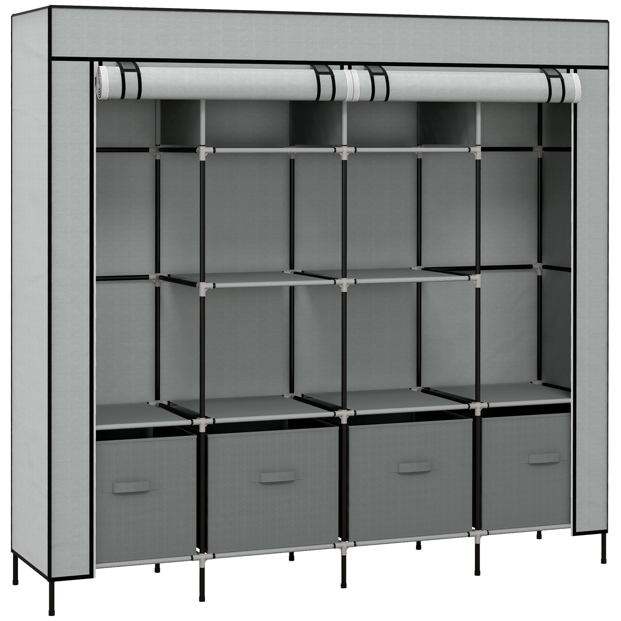 HERON 166cm Fabric Wardrobe, 10 Compartments, 2 Hanging Rails, 4 Drawers, Portable Closet, Dark Grey - Life Essentials