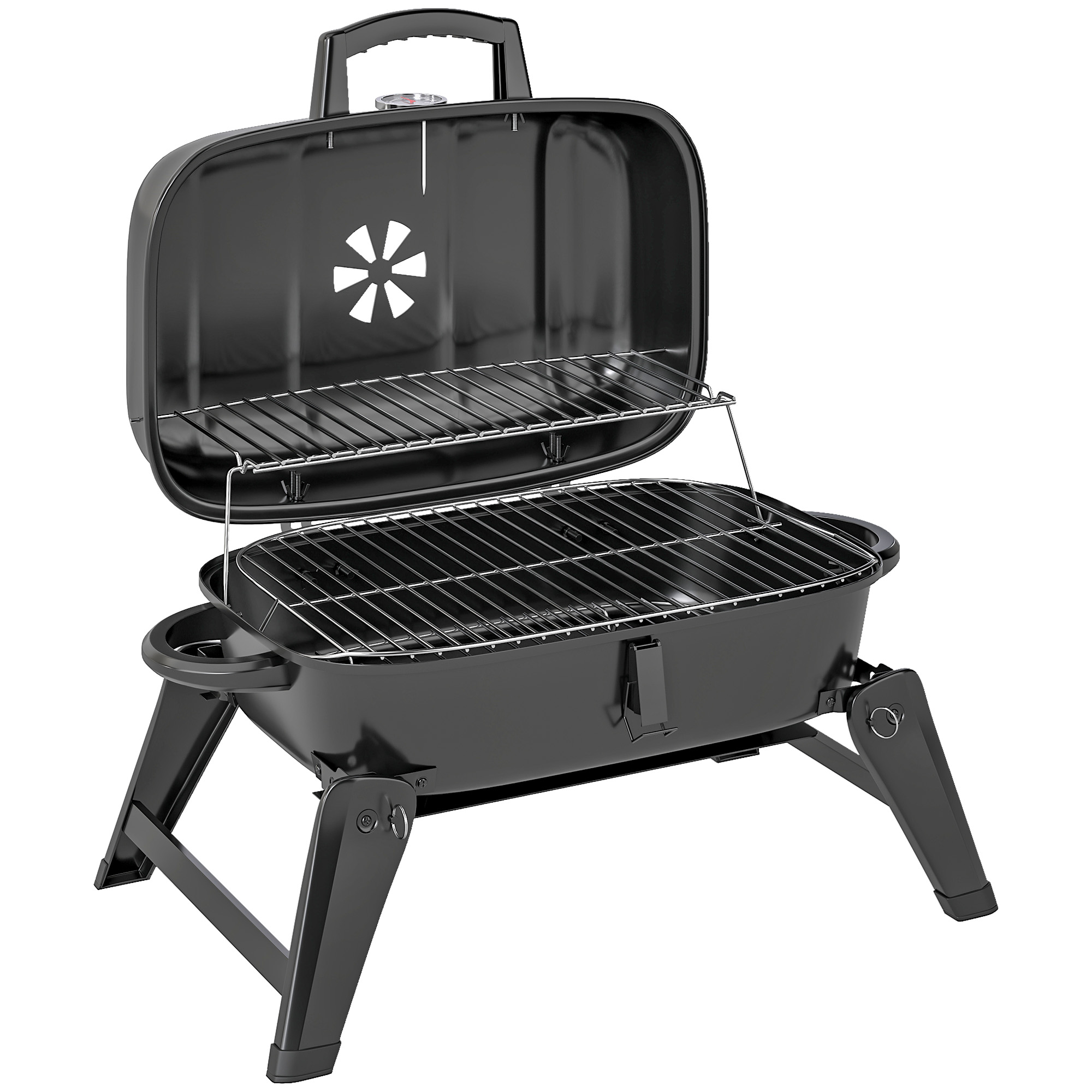 SUNVISTA Charcoal Barbecue Grill Folding BBQ Grill with 1232 cm2 Cooking Area, Adjustable Vent, Thermometer, Handles for Camping Picnic, Black - Life 