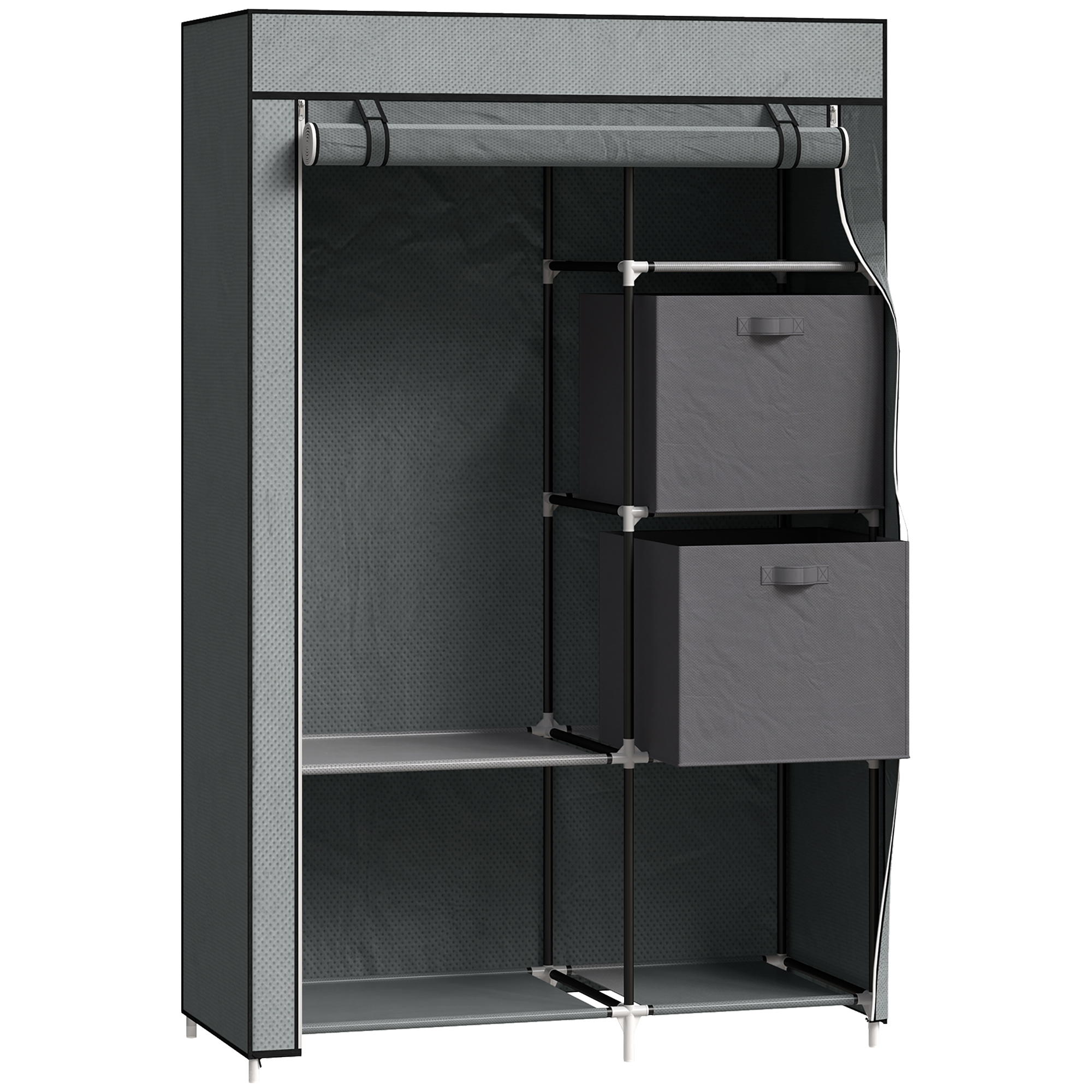 HERON Fabric Wardrobe, 5-Compartment Closet with Hanging Rail, 2 Drawers, Portable Storage, Dark Grey - Life Essentials