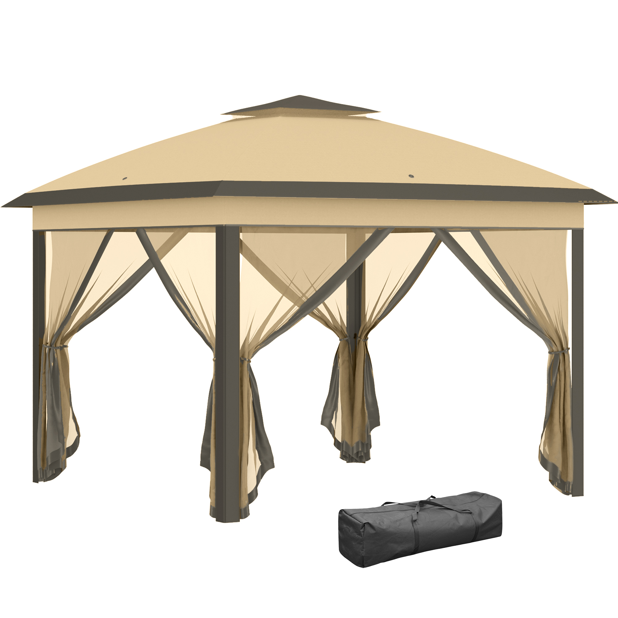 11' x 11' Pop Up Canopy, Double Roof Foldable Canopy Tent with Zippered Mesh Sidewalls, Height Adjustable and Carrying Bag, Event Tent Beige - Life 