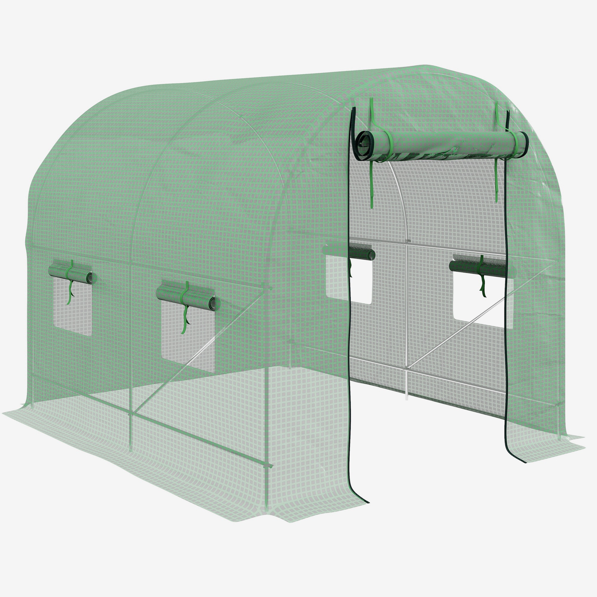 2.5 x 2m Walk-In Polytunnel Greenhouse, with Steel Frame, PE Cover, Roll-Up Door and 4 Windows, Green - Life Essentials