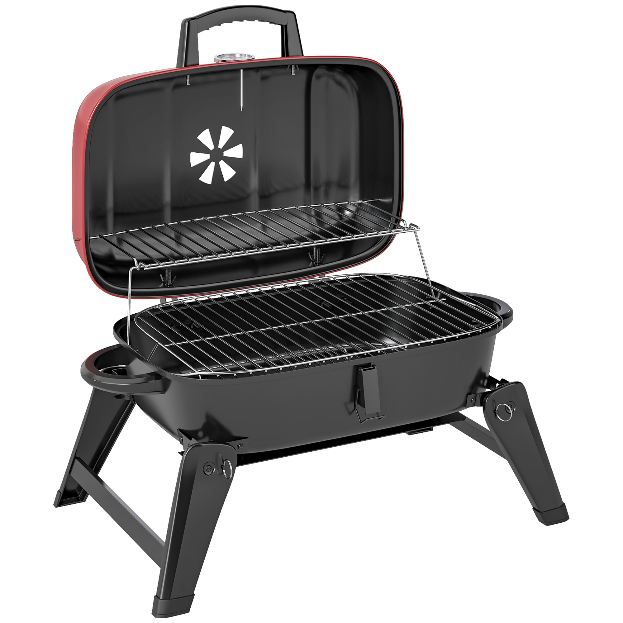 SUNVISTA Charcoal Barbecue Grill Folding BBQ Grill with 1232 cm2 Cooking Area, Adjustable Vent, Thermometer, Handles for Camping Picnic, Red - Life 