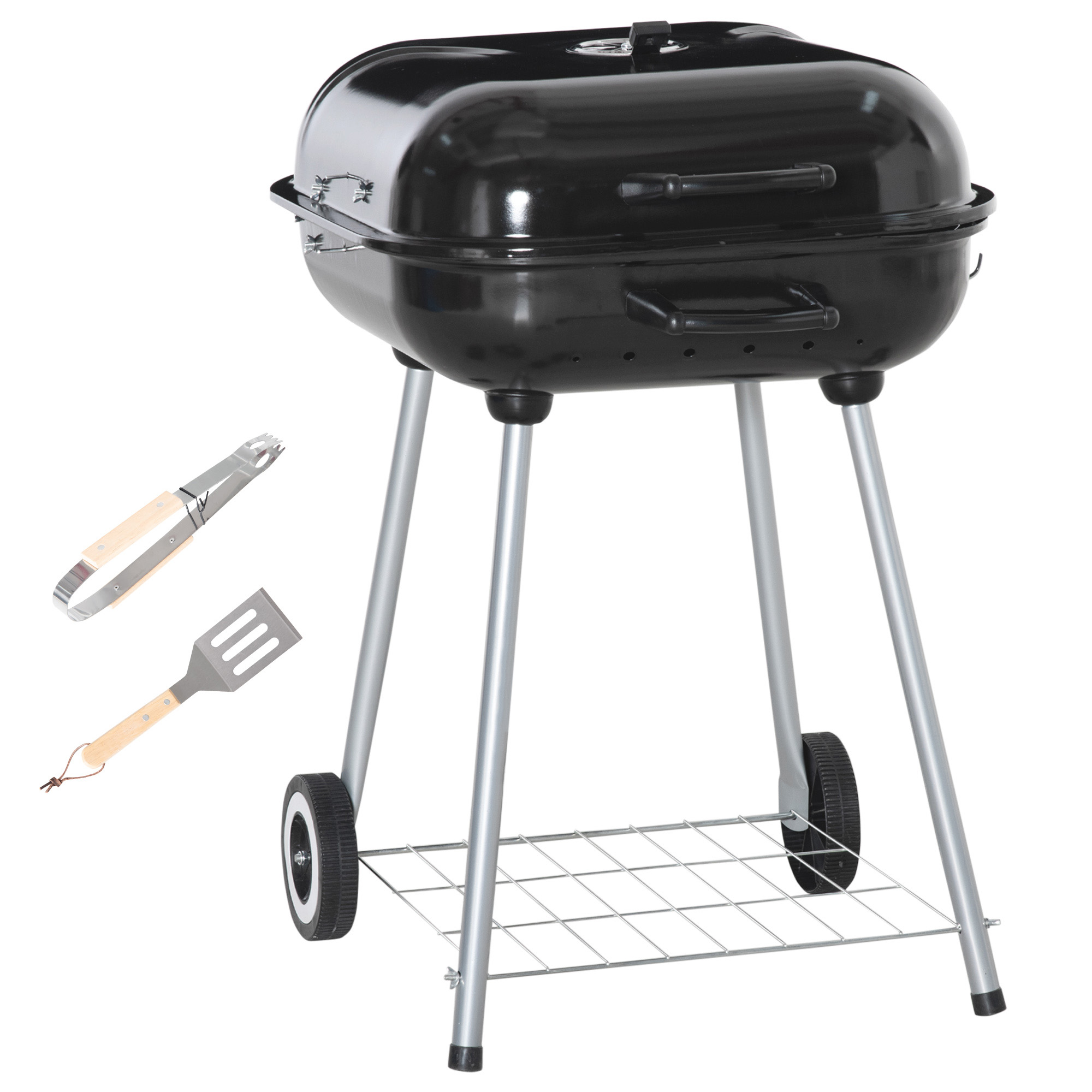 SUNVISTA Portable BBQ Charcoal Grill with 2 Wheels and Cooking Utensils, Smoker Grill with Lid for Outdoor Barbecues, Camping, Picnic, Courtyard - 