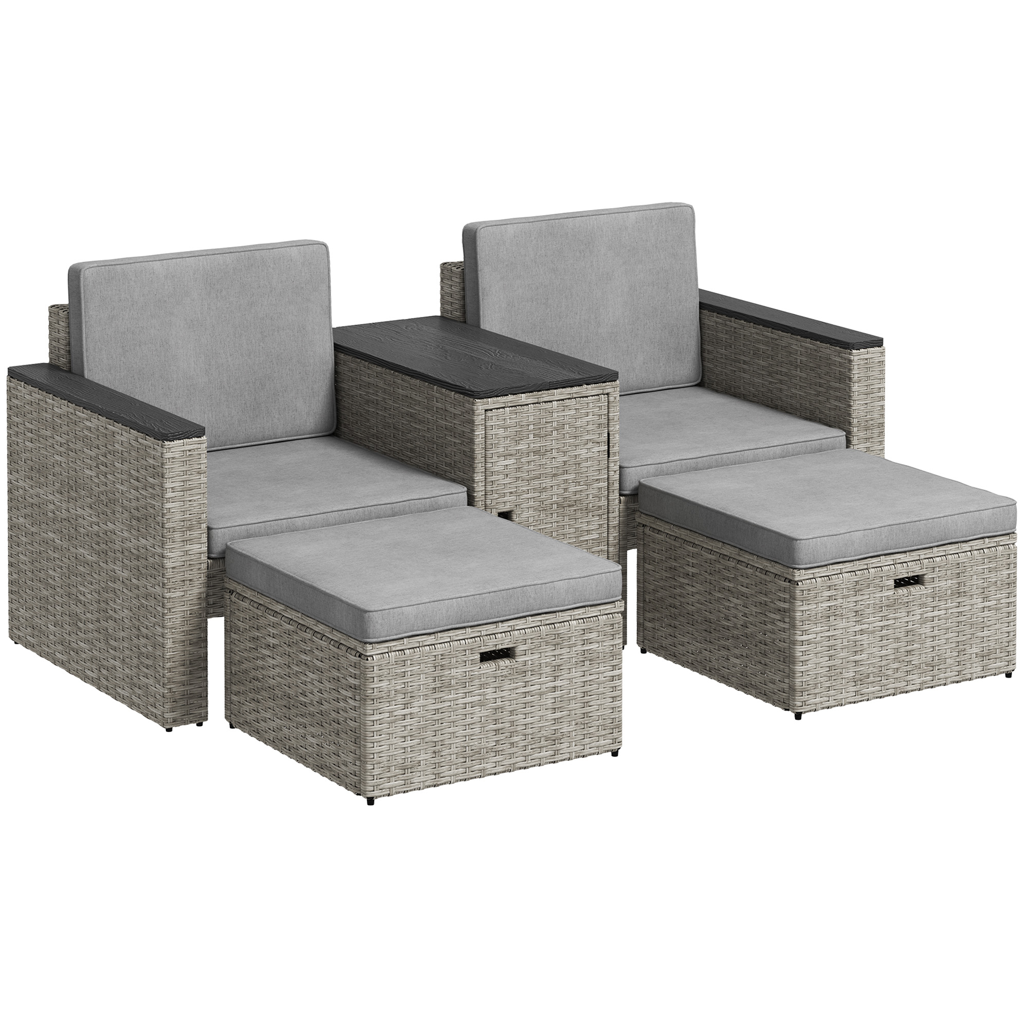 SUNVISTA 5-Piece Rattan Garden Set, Nesting Sofa & Footstools, Storage Coffee Table with Cushions, Outdoor Wicker Set, Grey - Life Essentials