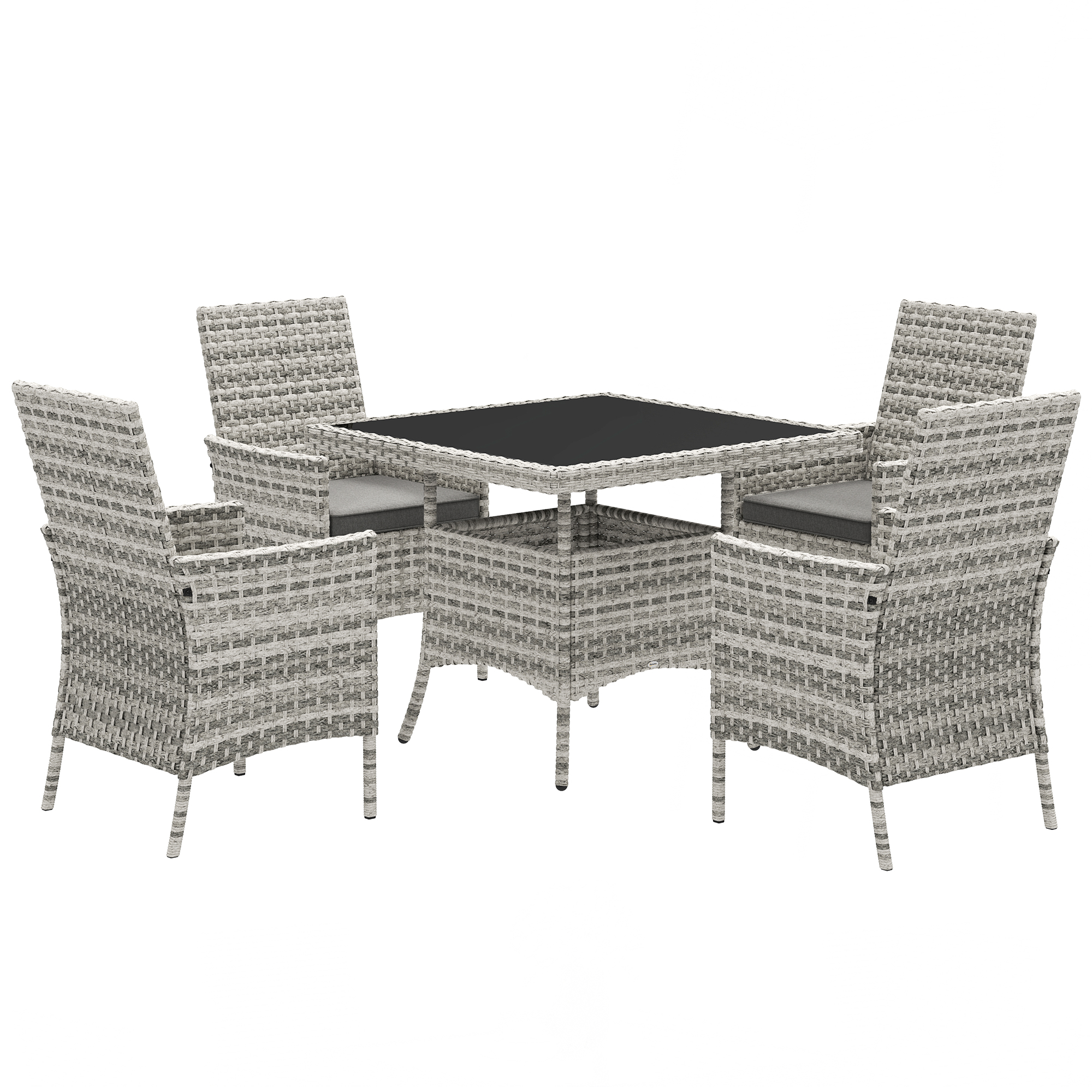 SUNVISTA 4-Seater Rattan Garden Furniture Set, Square Glass Top Dining Table with Cushions & Armchairs, Mixed Grey - Life Essentials