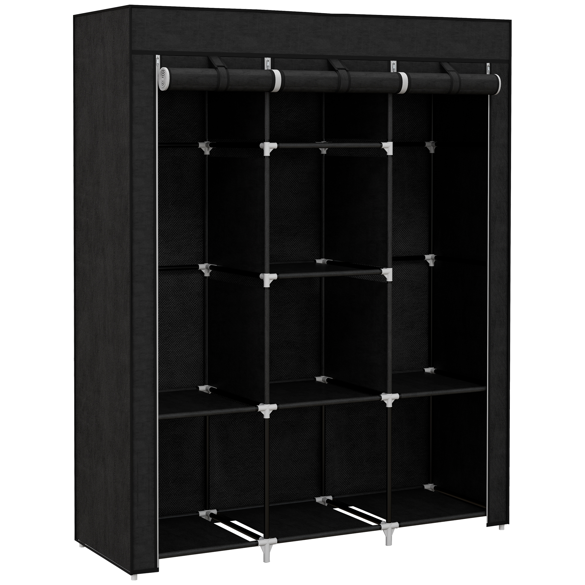 HERON Fabric Wardrobe, with Rails and Shelves - Black - Life Essentials