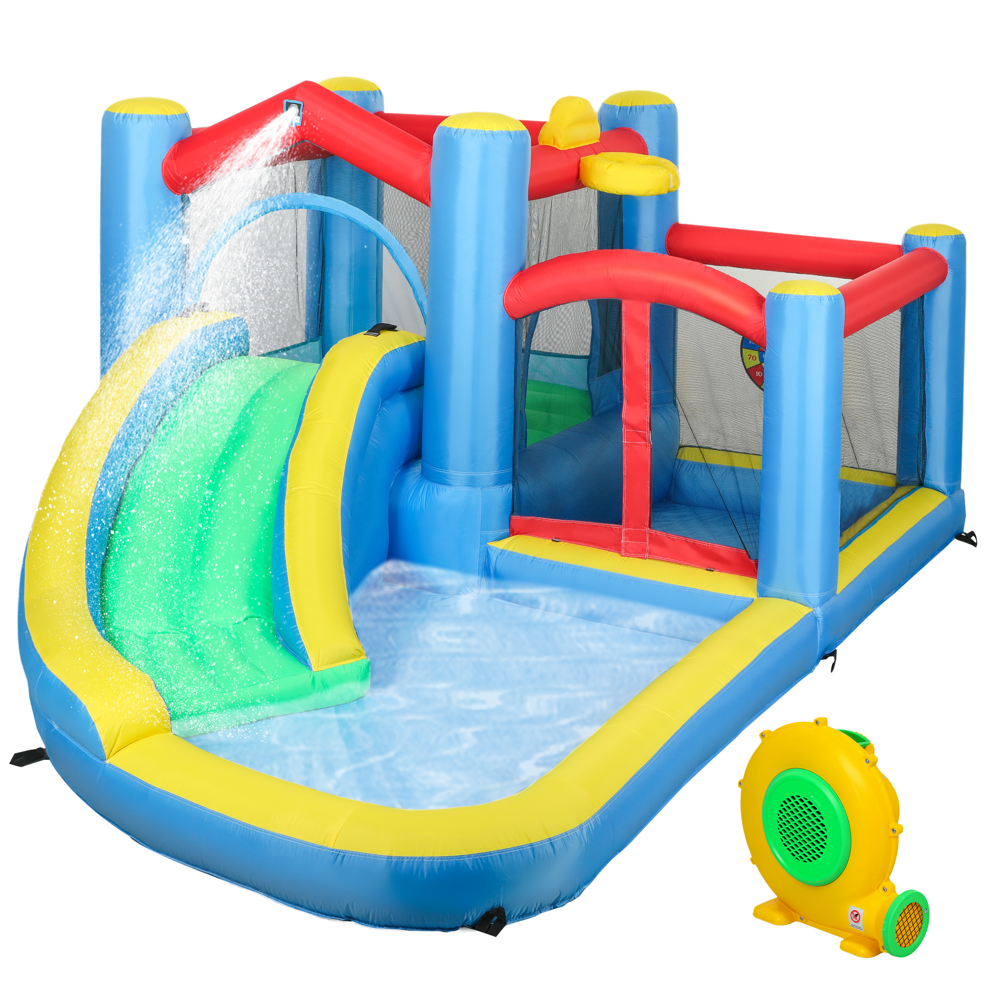AIVAGO Inflatable Bouncy Castle with 550W Blower, Basketball Hoop, Long Slide, Dart Board, Carrying Bag, 385 x 290 x 180 cm - Life Essentials